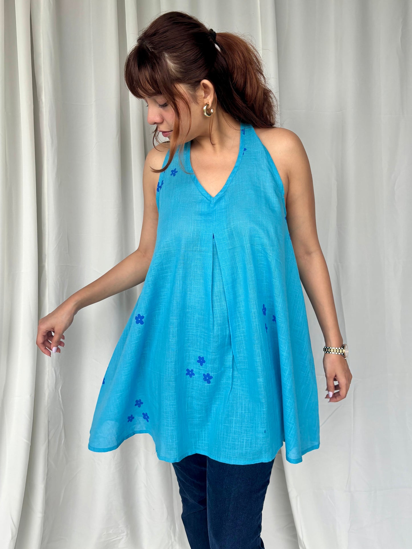 Blue Hand Block Relaxed Cotton Short Top - Desi Hart