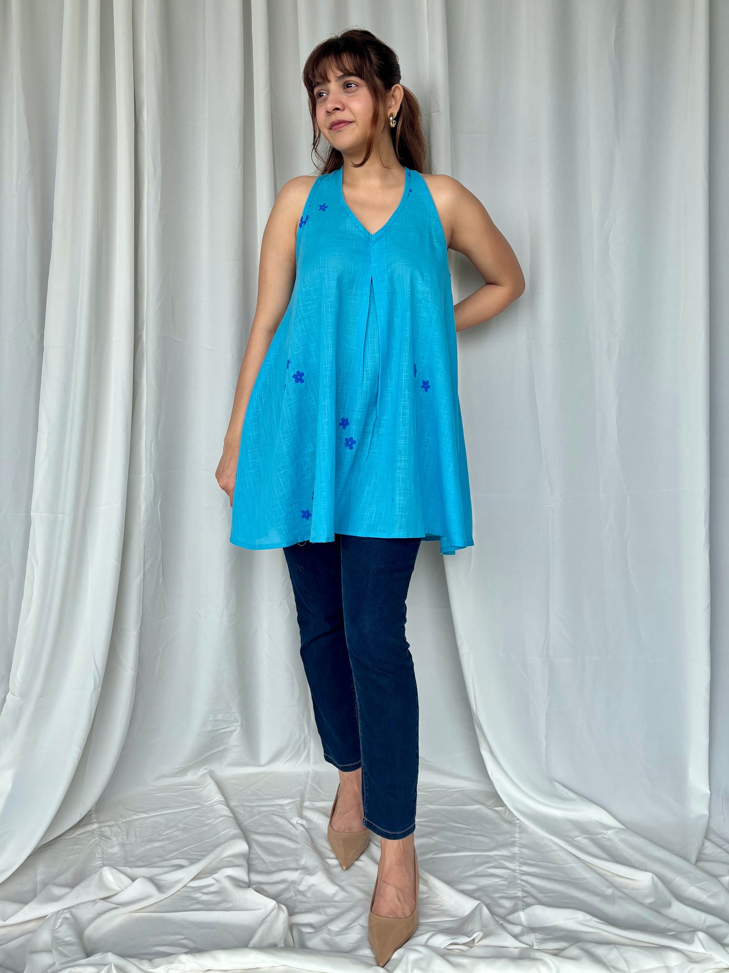 Blue Hand Block Relaxed Cotton Short Top - Desi Hart