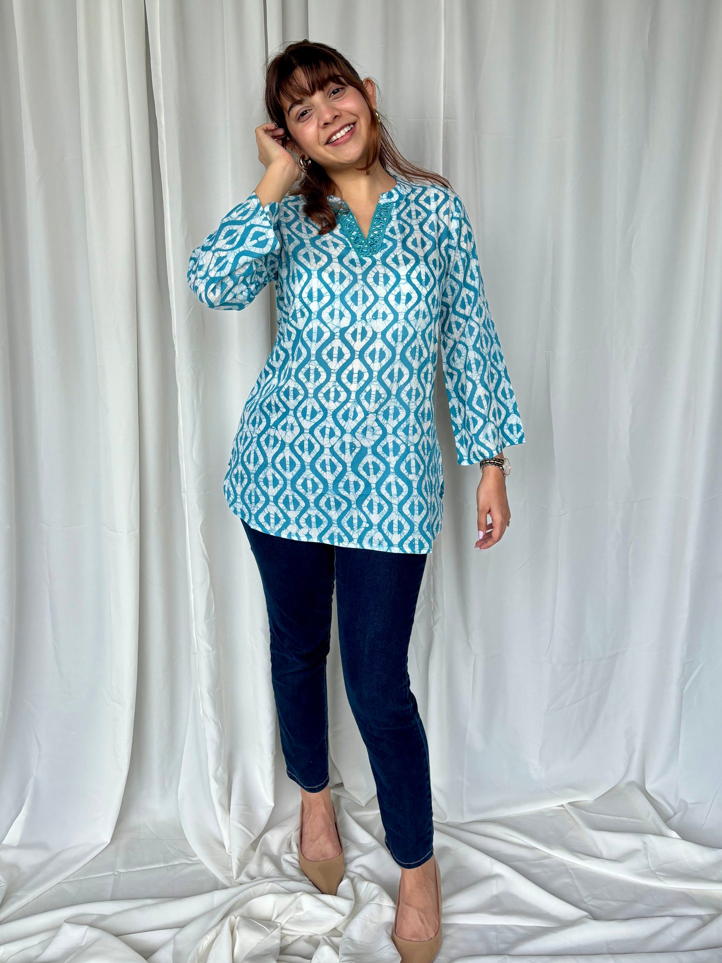 Blue Hand Block Relaxed Modal Short Top - Desi Hart