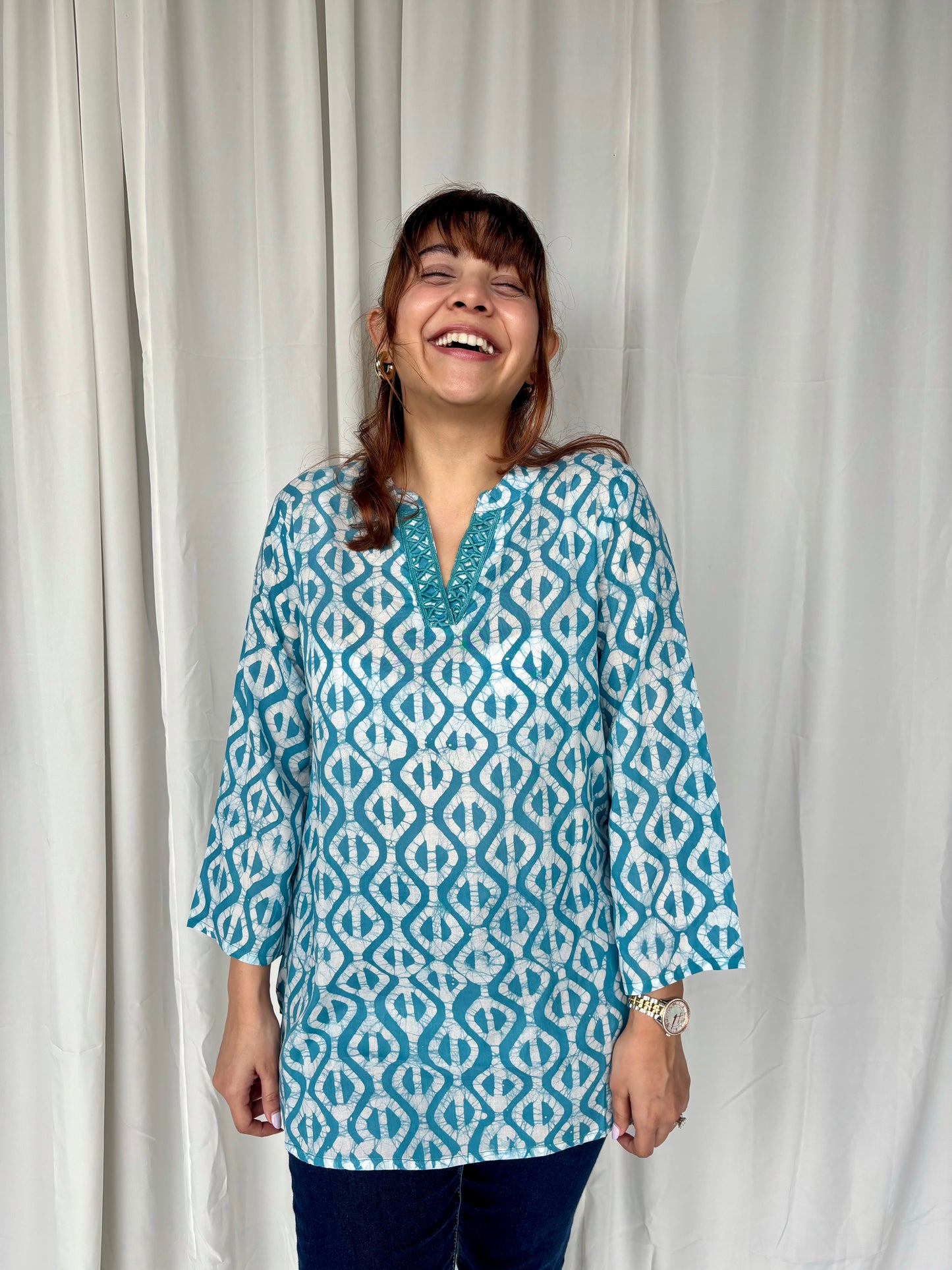 Blue Hand Block Relaxed Modal Short Top - Desi Hart