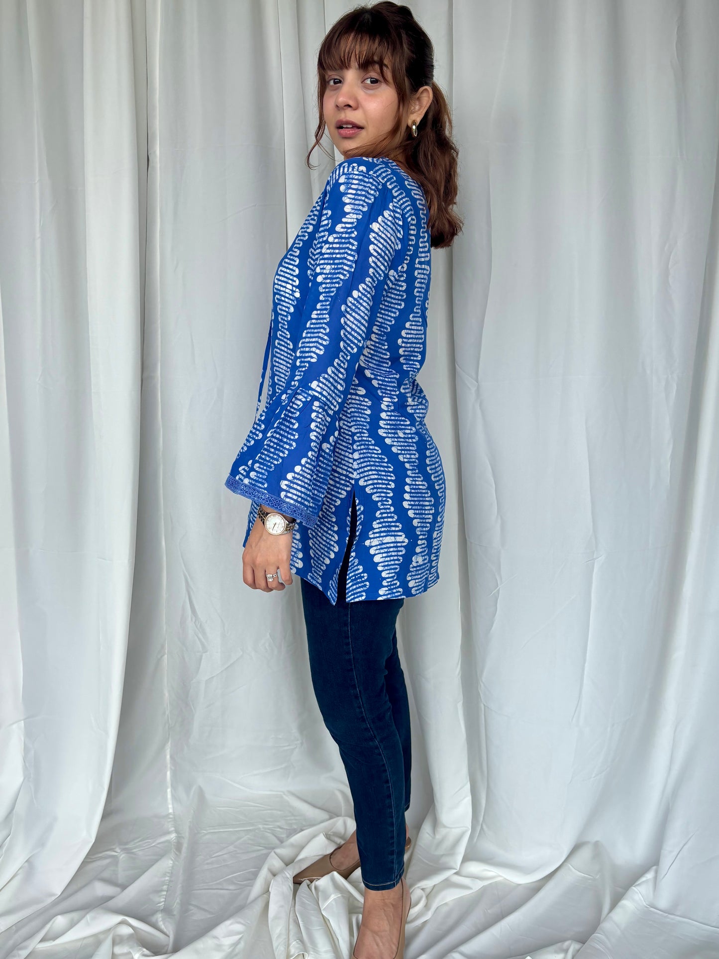 Blue Hand Block Relaxed Modal Short Top - Desi Hart
