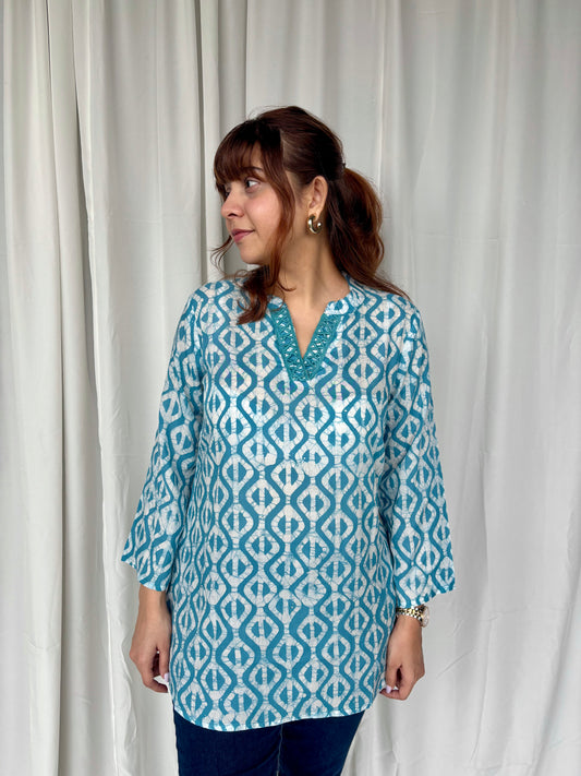 Blue Hand Block Relaxed Modal Short Top - Desi Hart