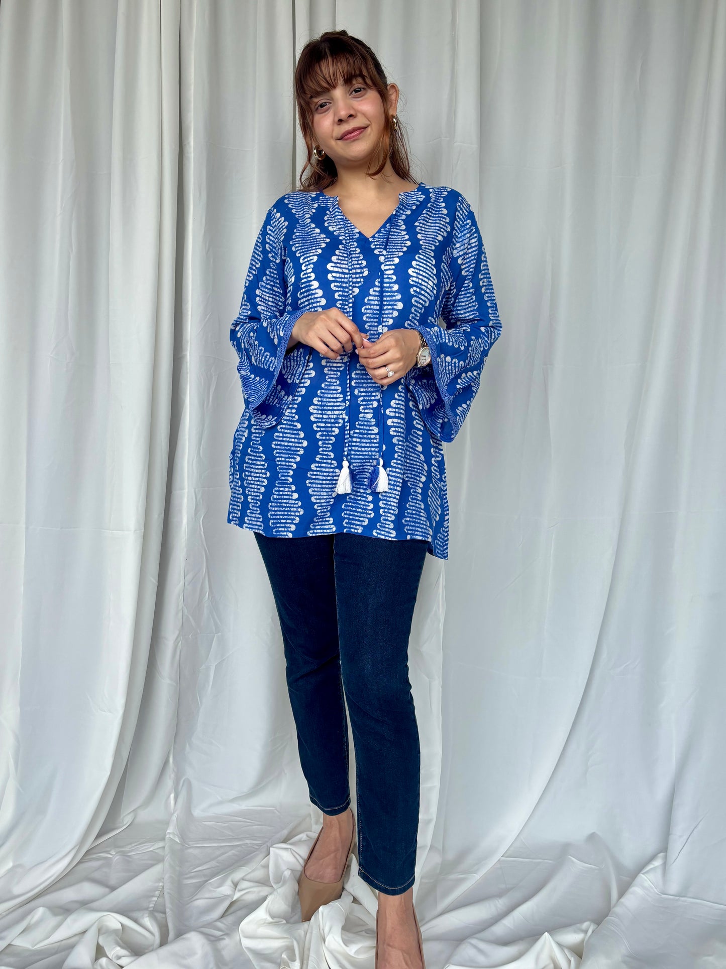 Blue Hand Block Relaxed Modal Short Top - Desi Hart
