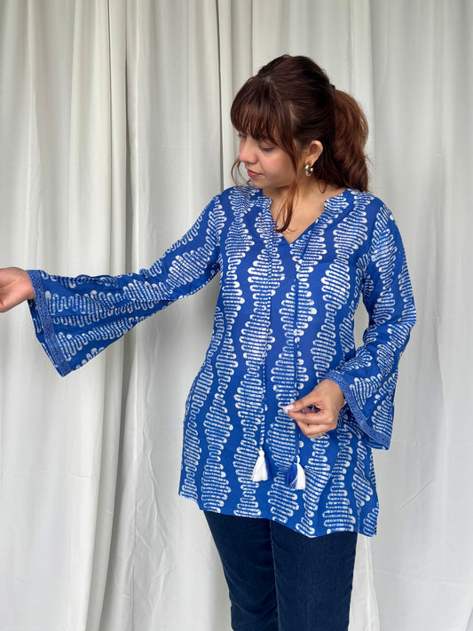 Blue Hand Block Relaxed Modal Short Top - Desi Hart
