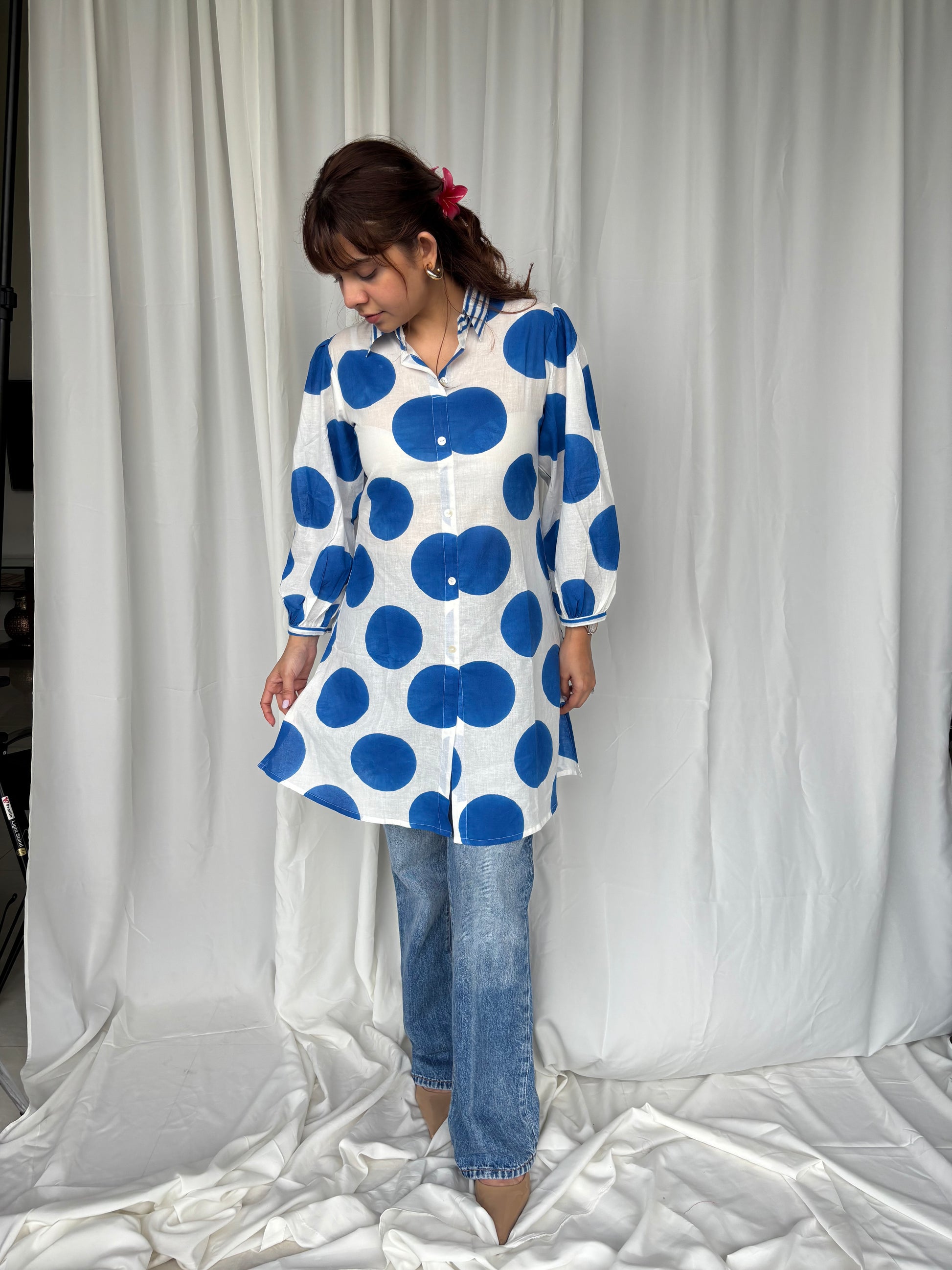 Blue Hand Block Relaxed Cotton Short Kurti - Desi Hart