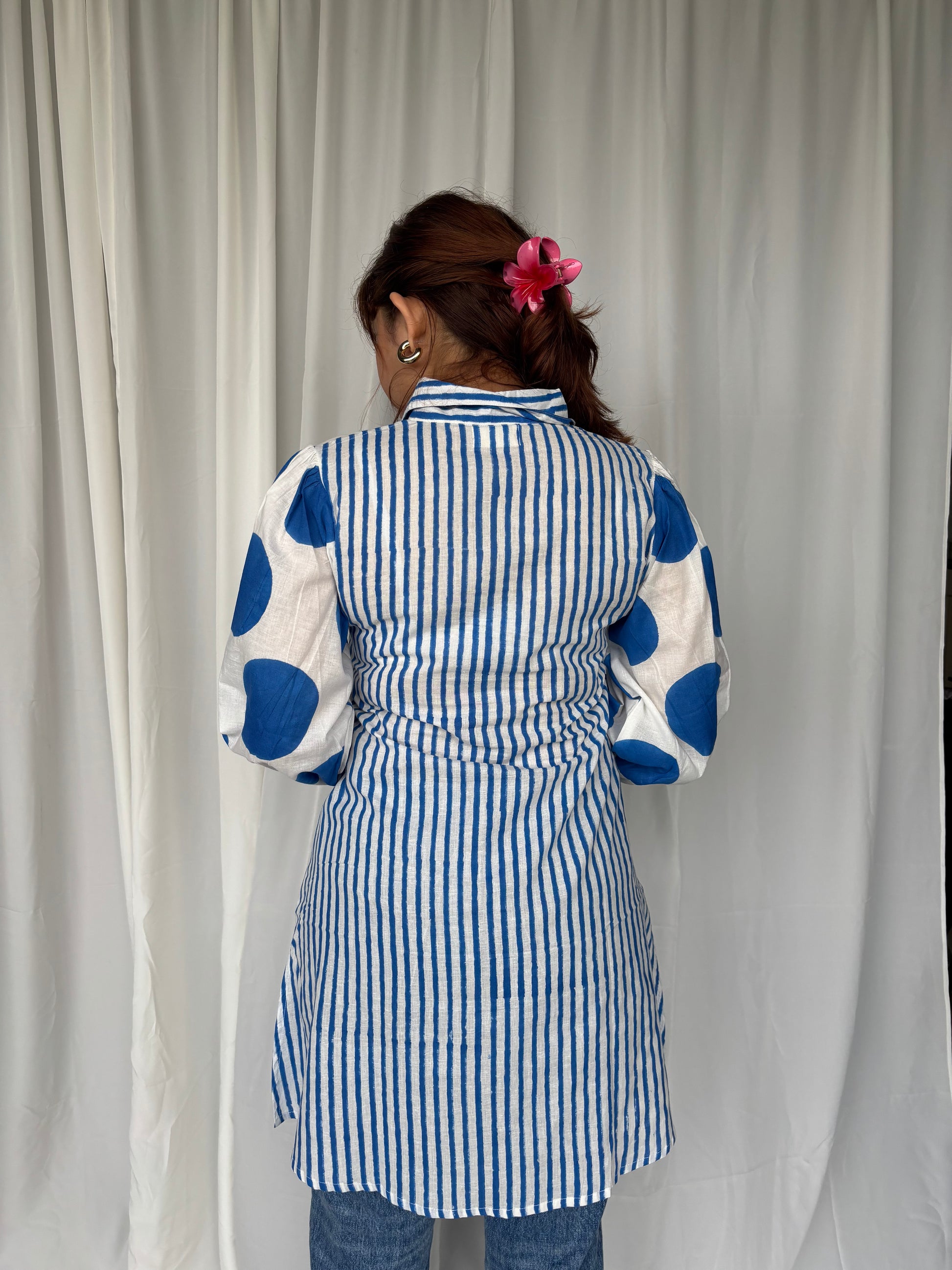 Blue Hand Block Relaxed Cotton Short Kurti - Desi Hart