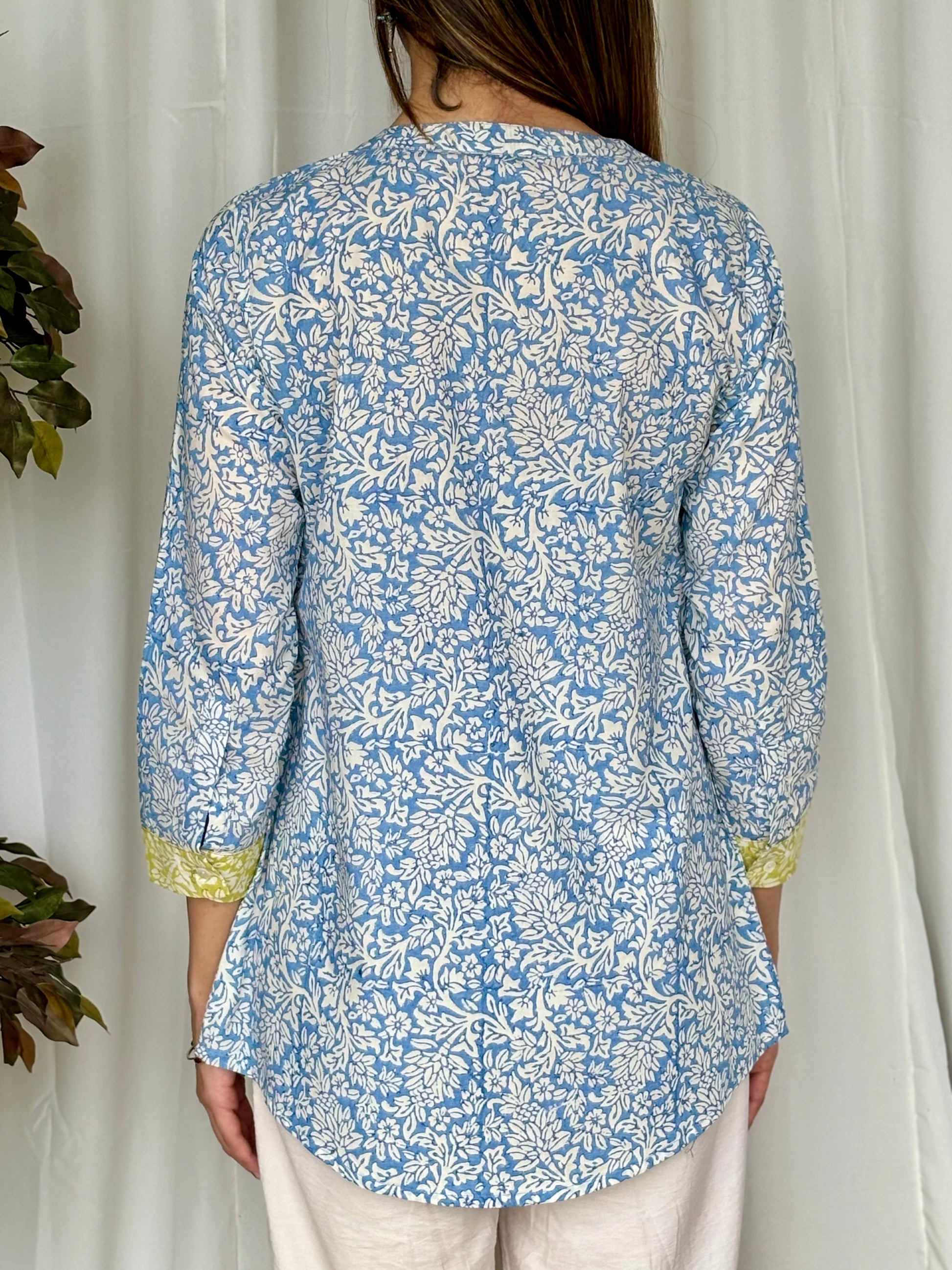 Blue Hand Block Relaxed Cotton Short Kurti - Desi Hart