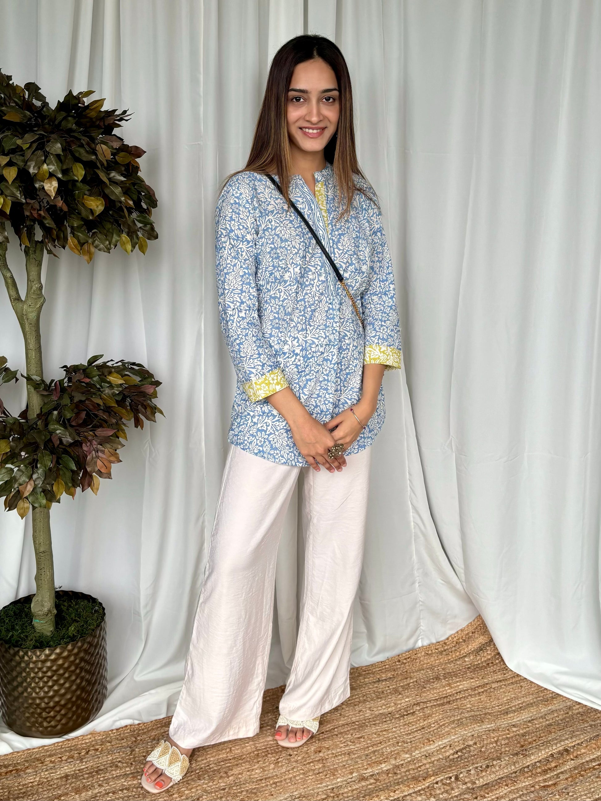 Blue Hand Block Relaxed Cotton Short Kurti - Desi Hart