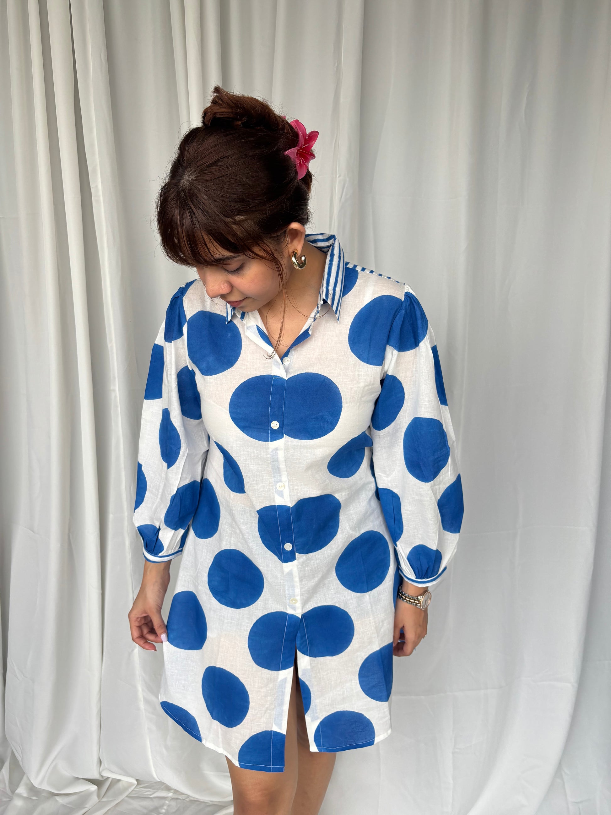 Blue Hand Block Relaxed Cotton Short Kurti - Desi Hart