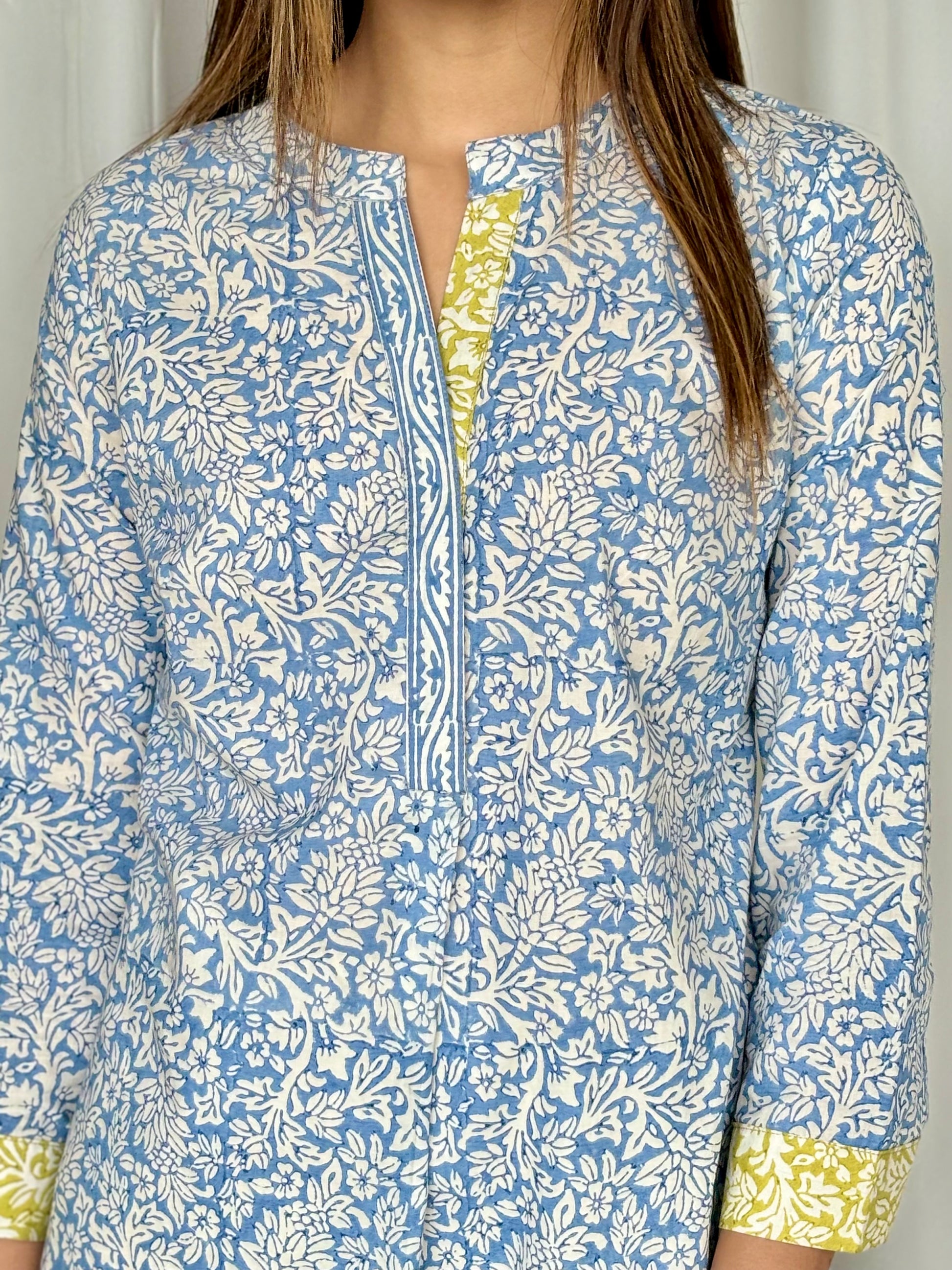 Blue Hand Block Relaxed Cotton Short Kurti - Desi Hart