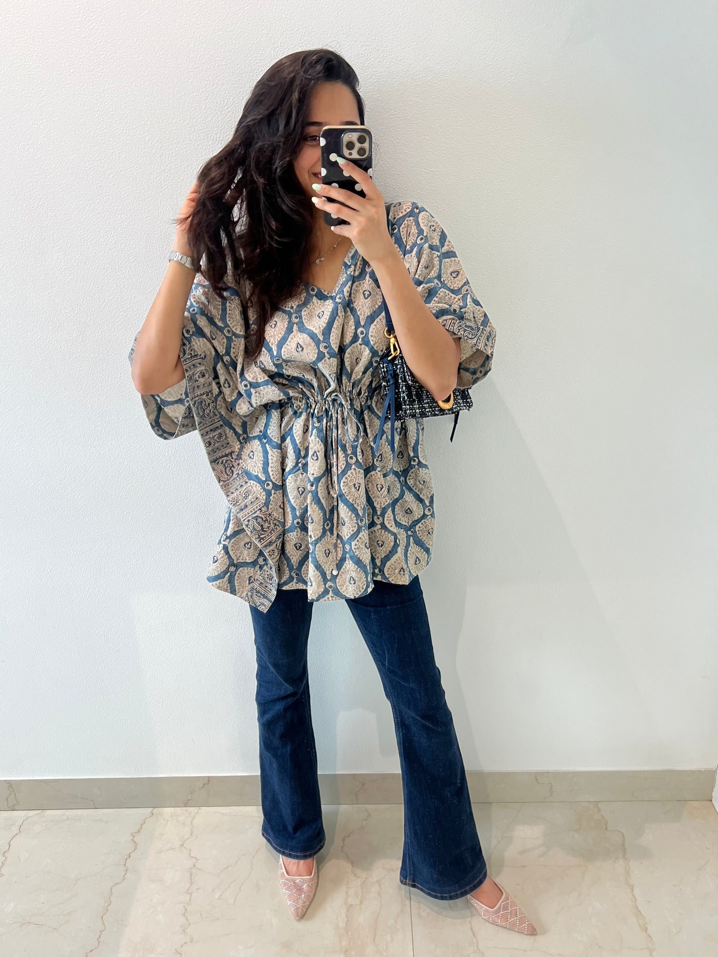 Blue Hand Block Relaxed Cotton Short Top - Desi Hart
