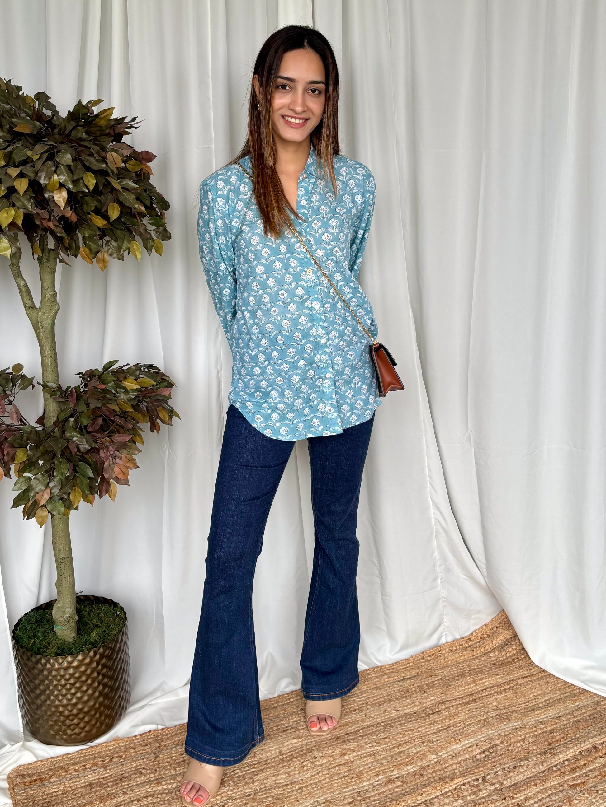 Blue Hand Block Relaxed Mul Shirt - Desi Hart
