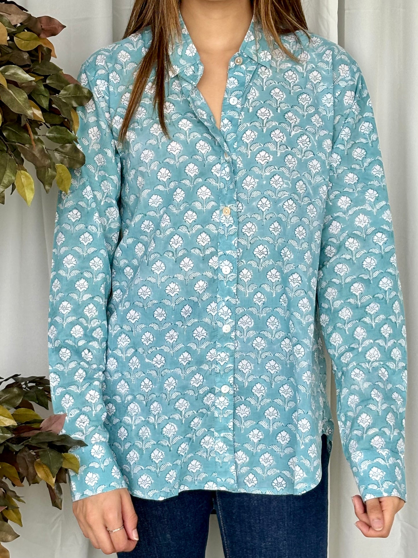 Blue Hand Block Relaxed Mul Shirt - Desi Hart
