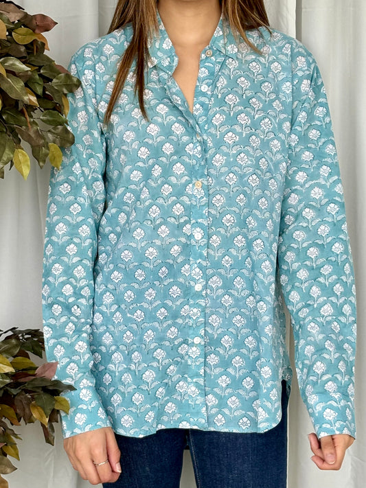 Blue Hand Block Relaxed Mul Shirt - Desi Hart