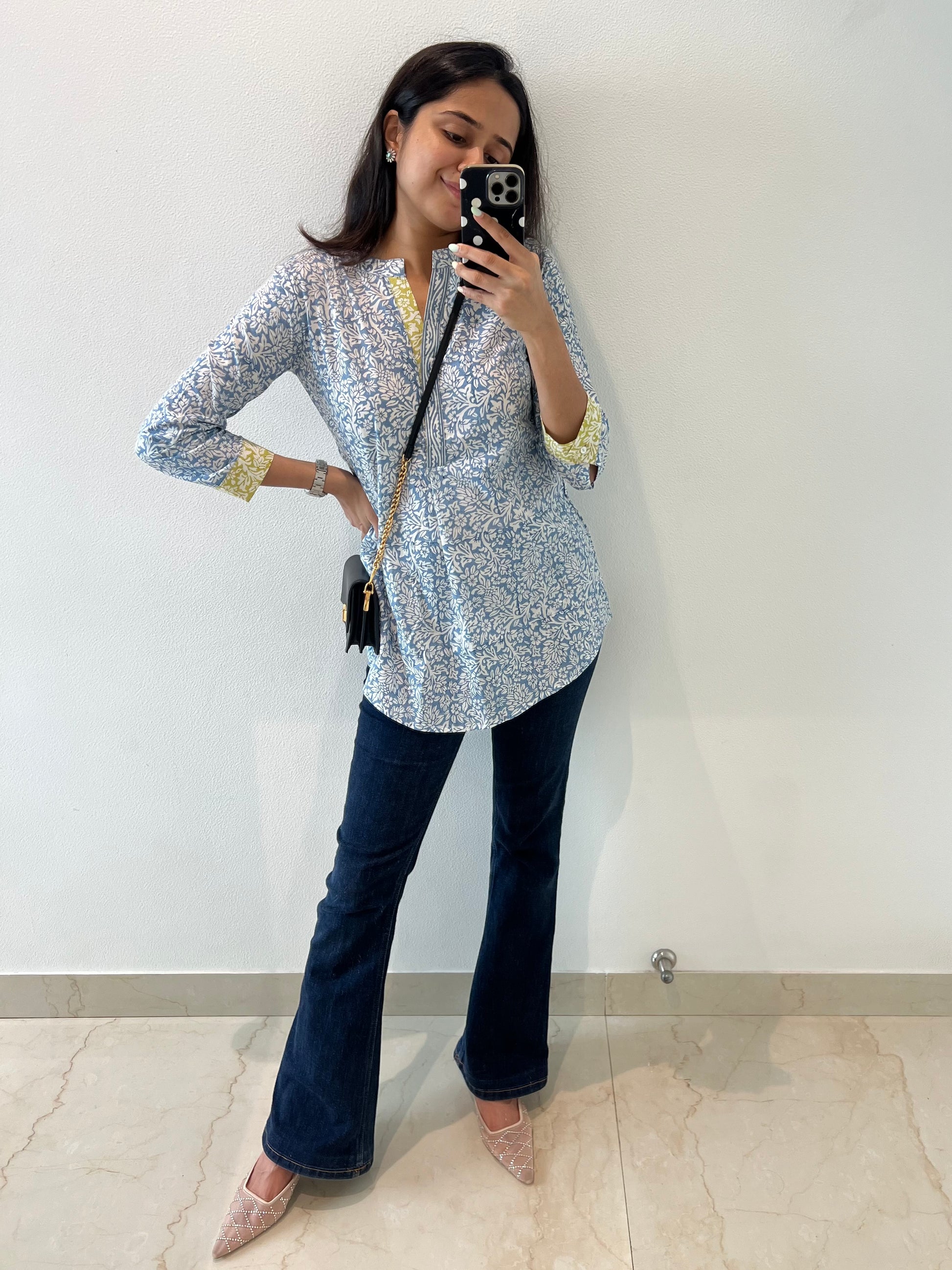 Blue Hand Block Relaxed Cotton Short Kurti - Desi Hart