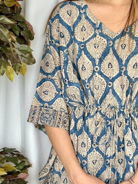 Blue Hand Block Relaxed Cotton Short Top - Desi Hart