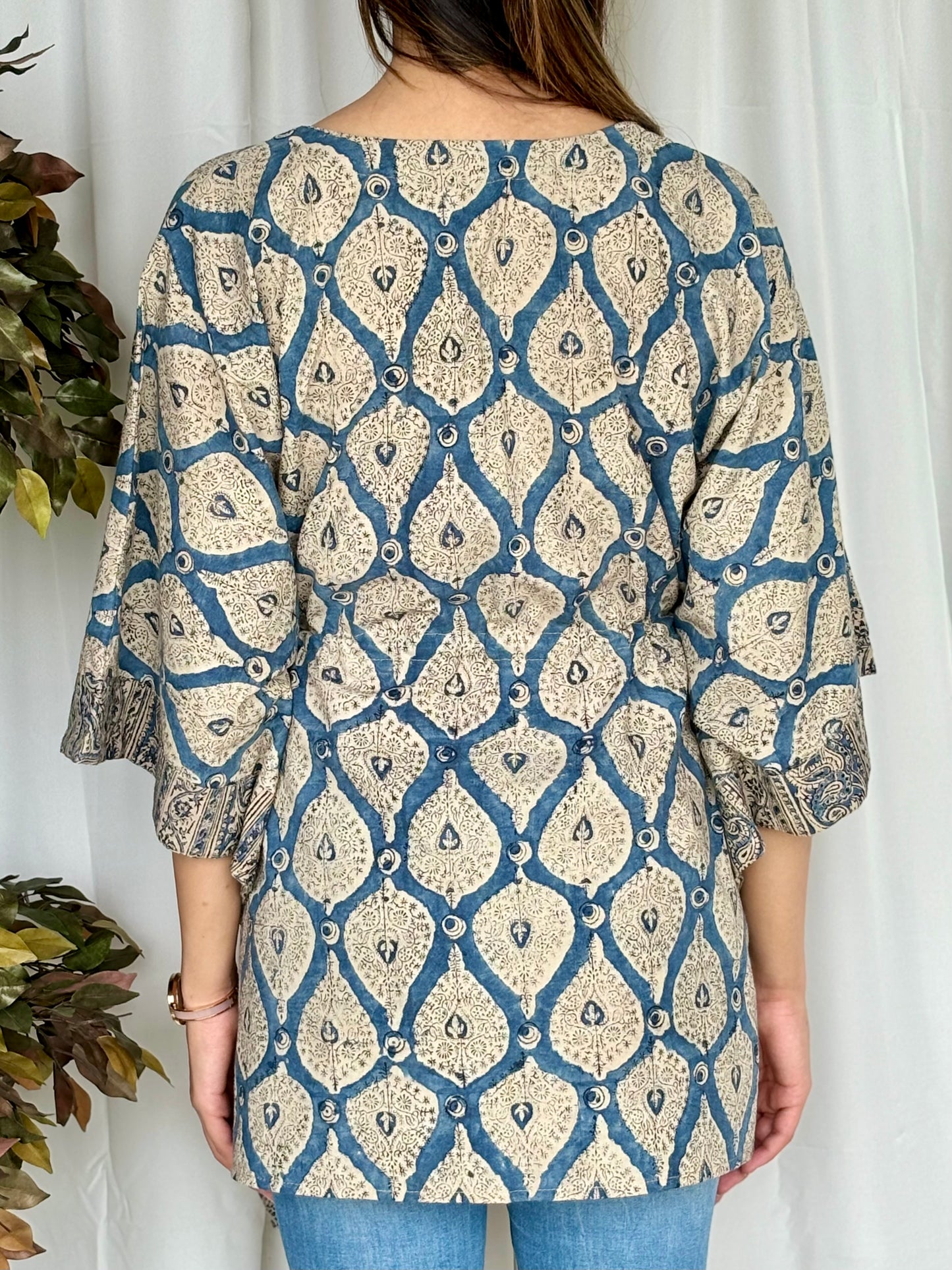 Blue Hand Block Relaxed Cotton Short Top - Desi Hart