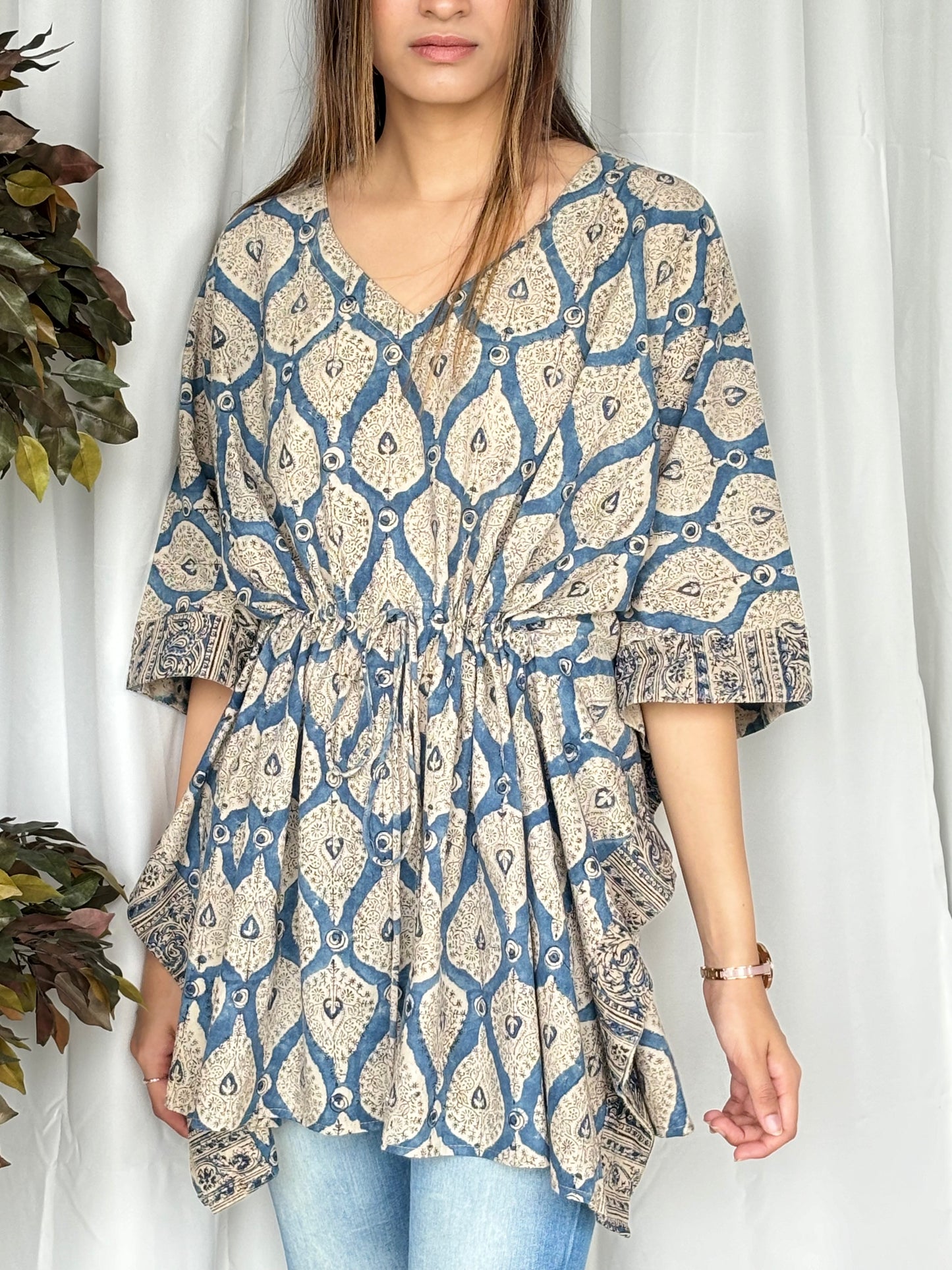 Blue Hand Block Relaxed Cotton Short Top - Desi Hart
