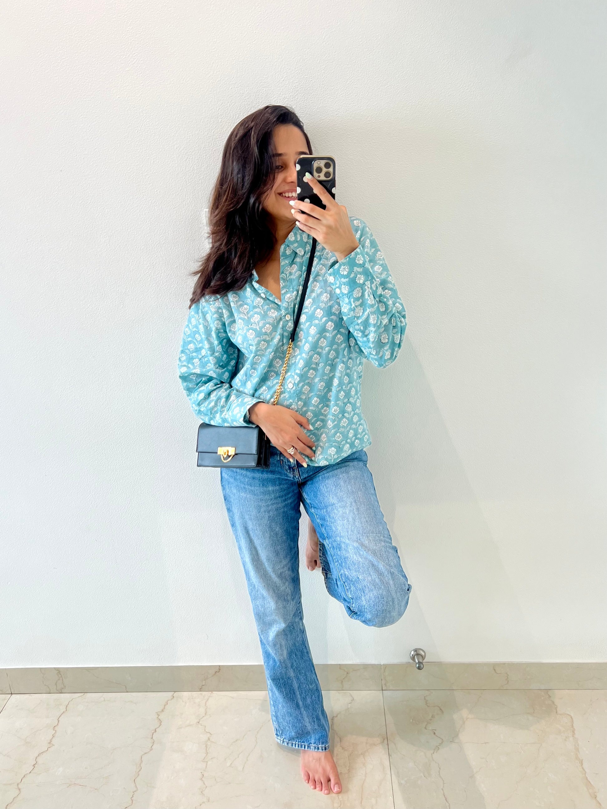 Blue Hand Block Relaxed Mul Shirt - Desi Hart