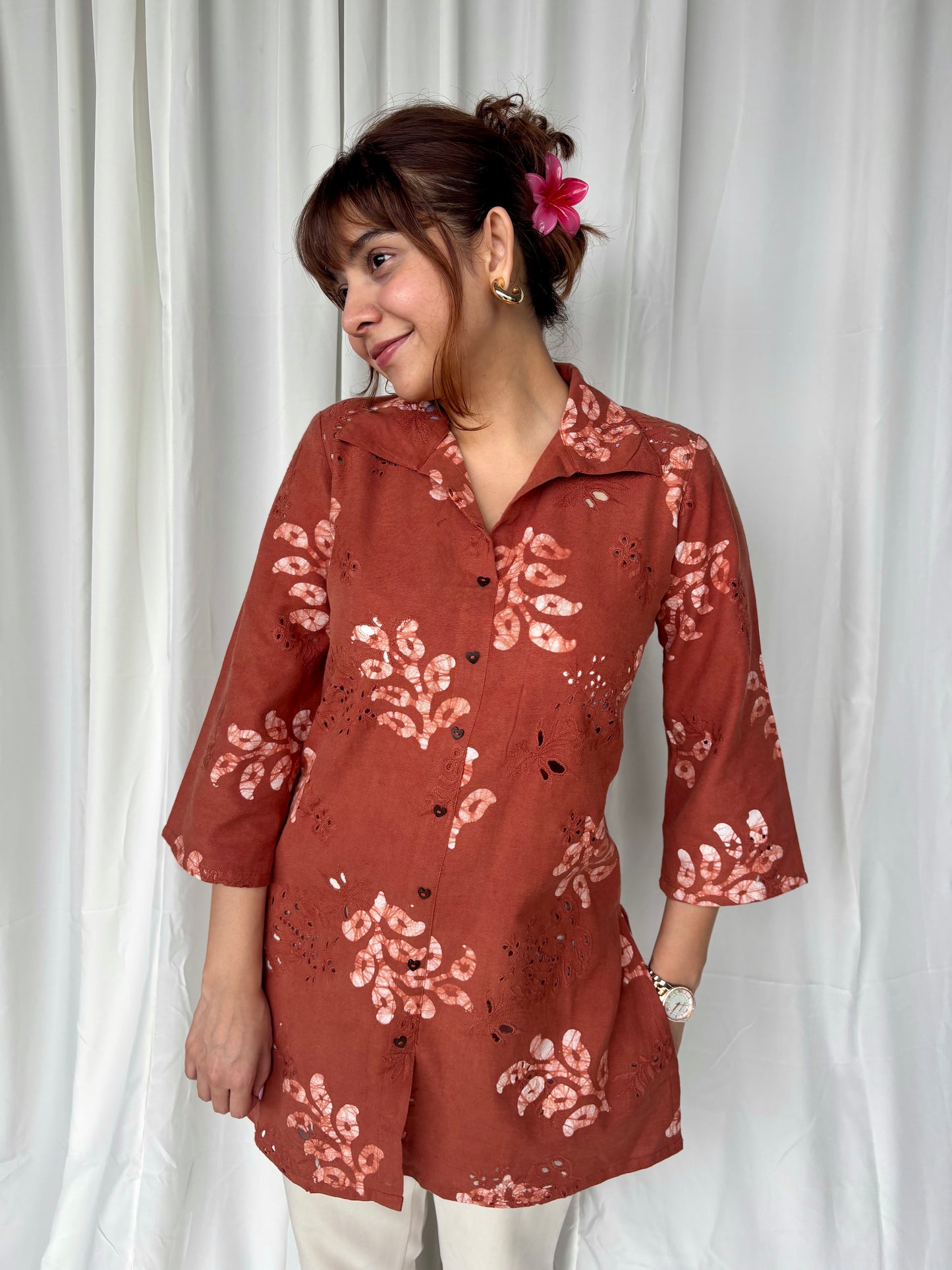 Brown Hand Block Relaxed Cotton Short Top - Desi Hart