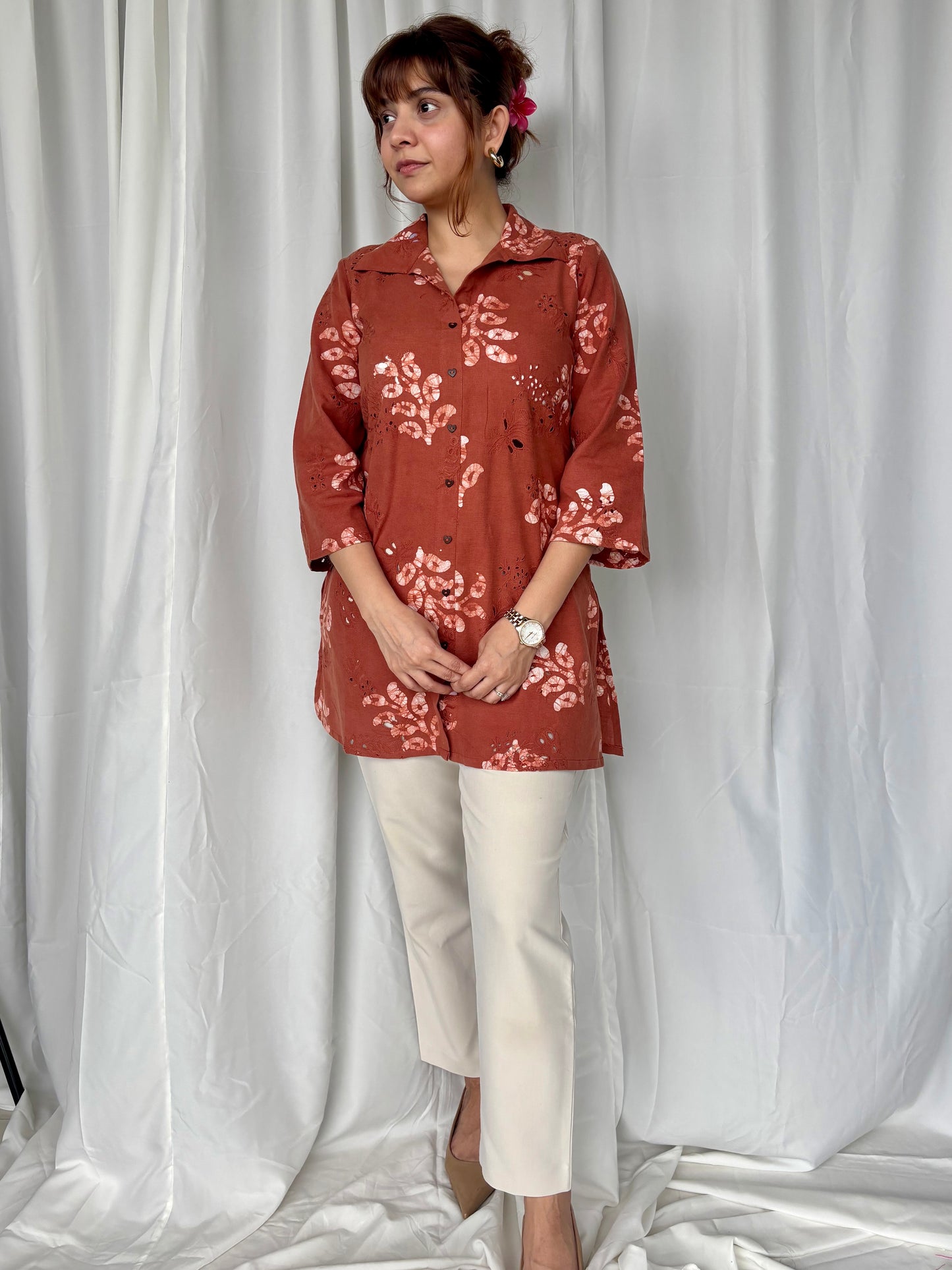 Brown Hand Block Relaxed Cotton Short Top - Desi Hart