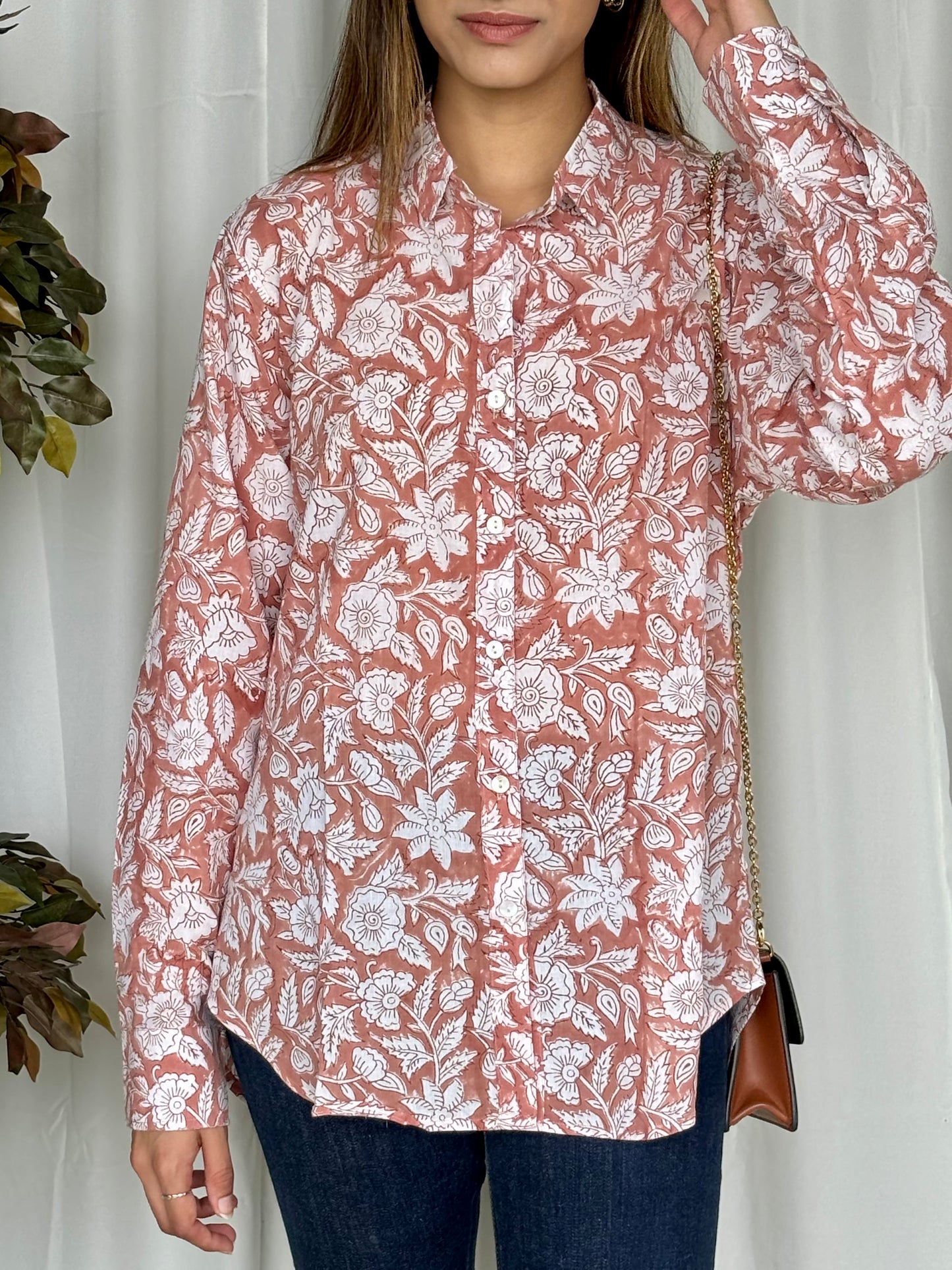 Brown Hand Block Relaxed Mul Shirt - Desi Hart