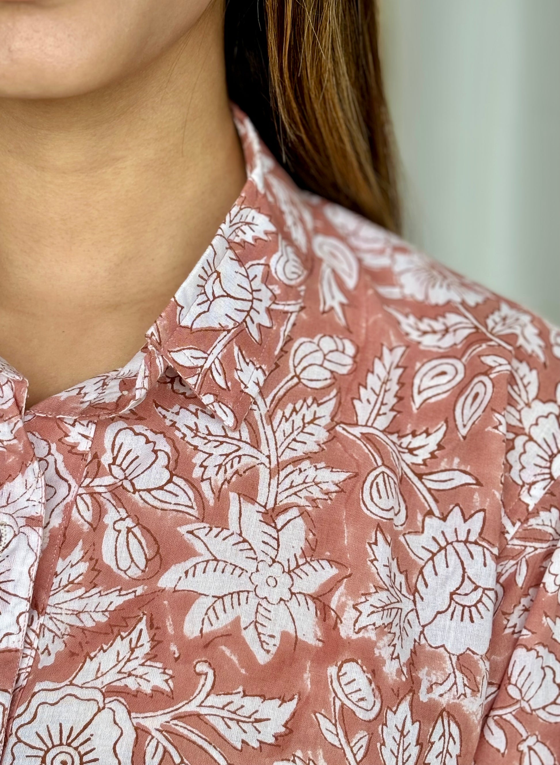 Brown Hand Block Relaxed Mul Shirt - Desi Hart