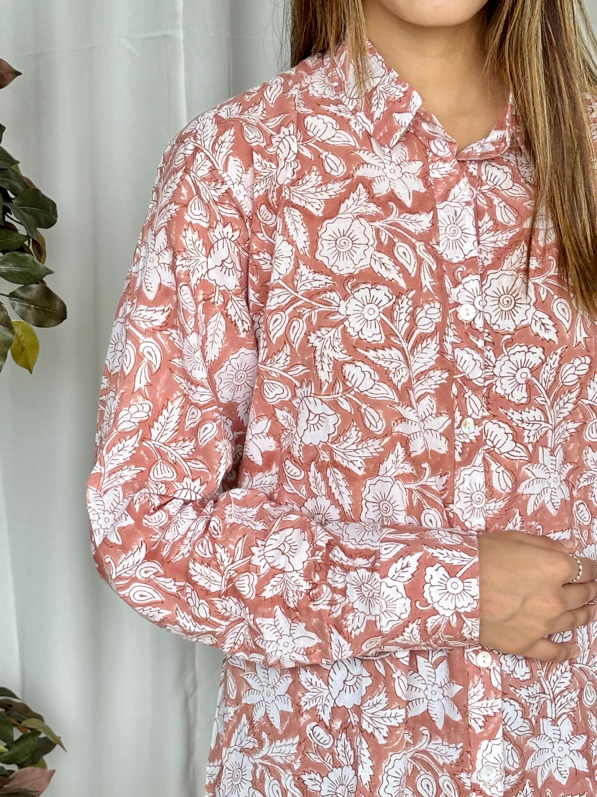 Brown Hand Block Relaxed Mul Shirt - Desi Hart