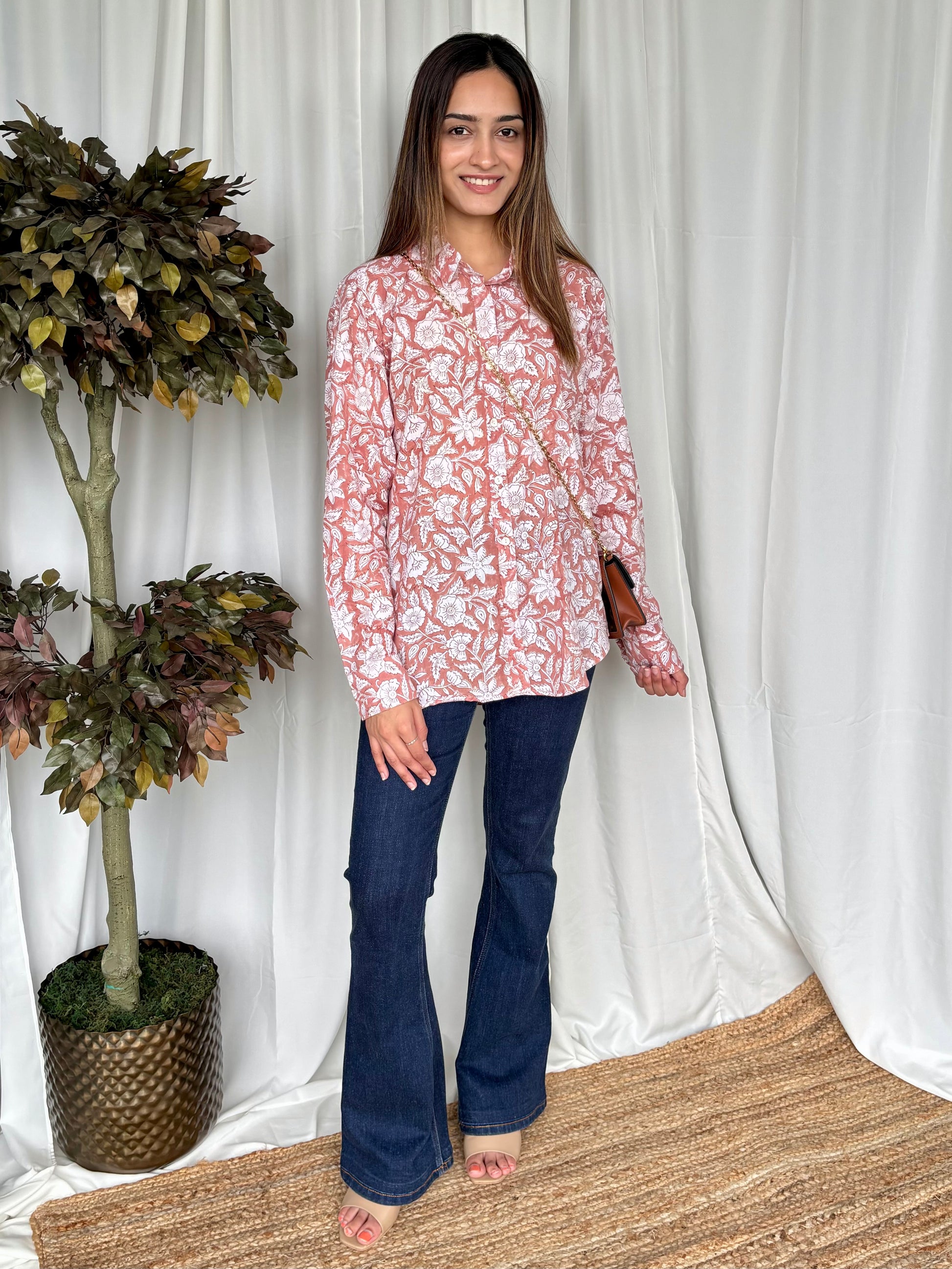 Brown Hand Block Relaxed Mul Shirt - Desi Hart