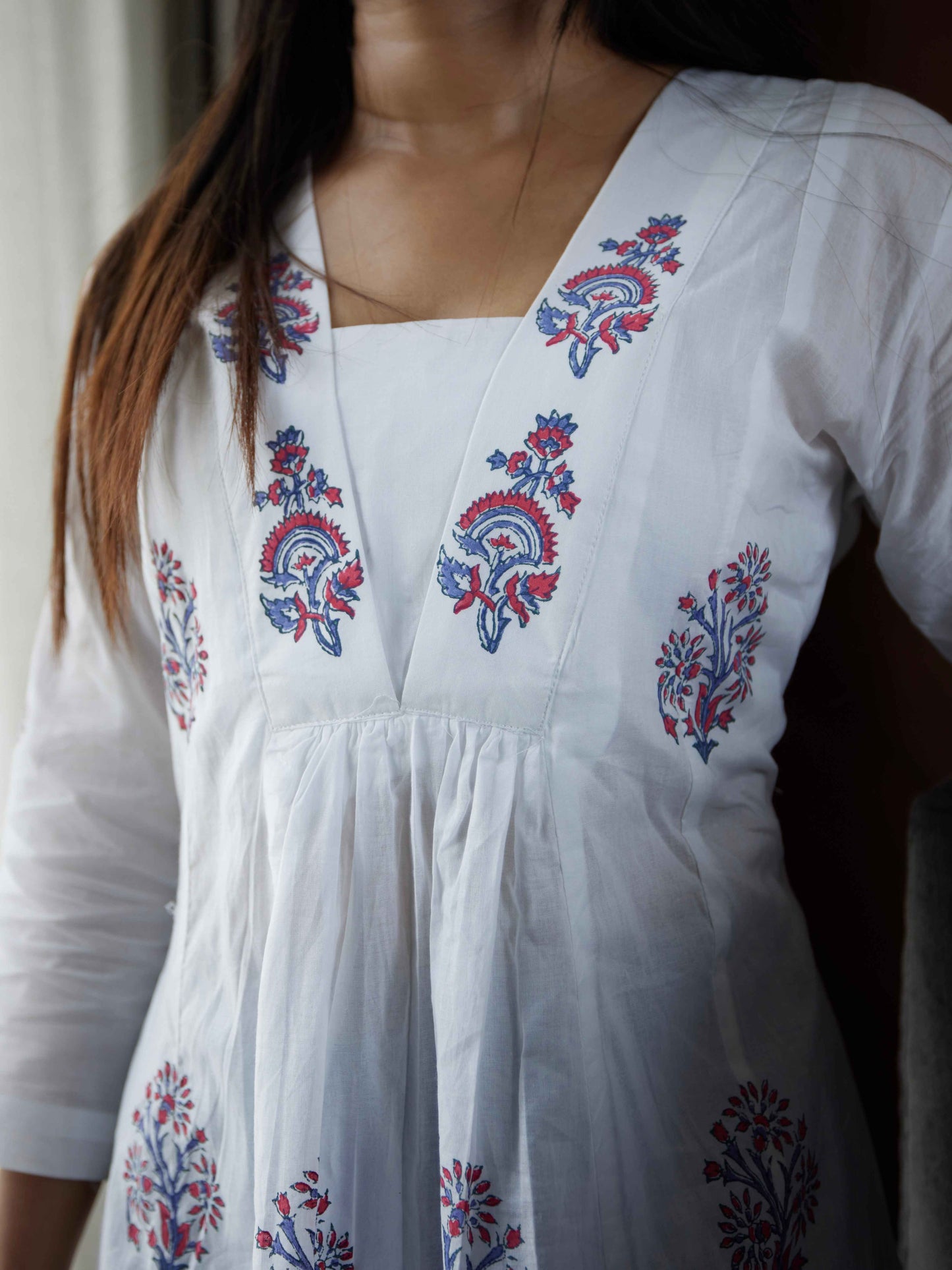 White Hand Block Flared Cotton Short Kurti - Desi Hart