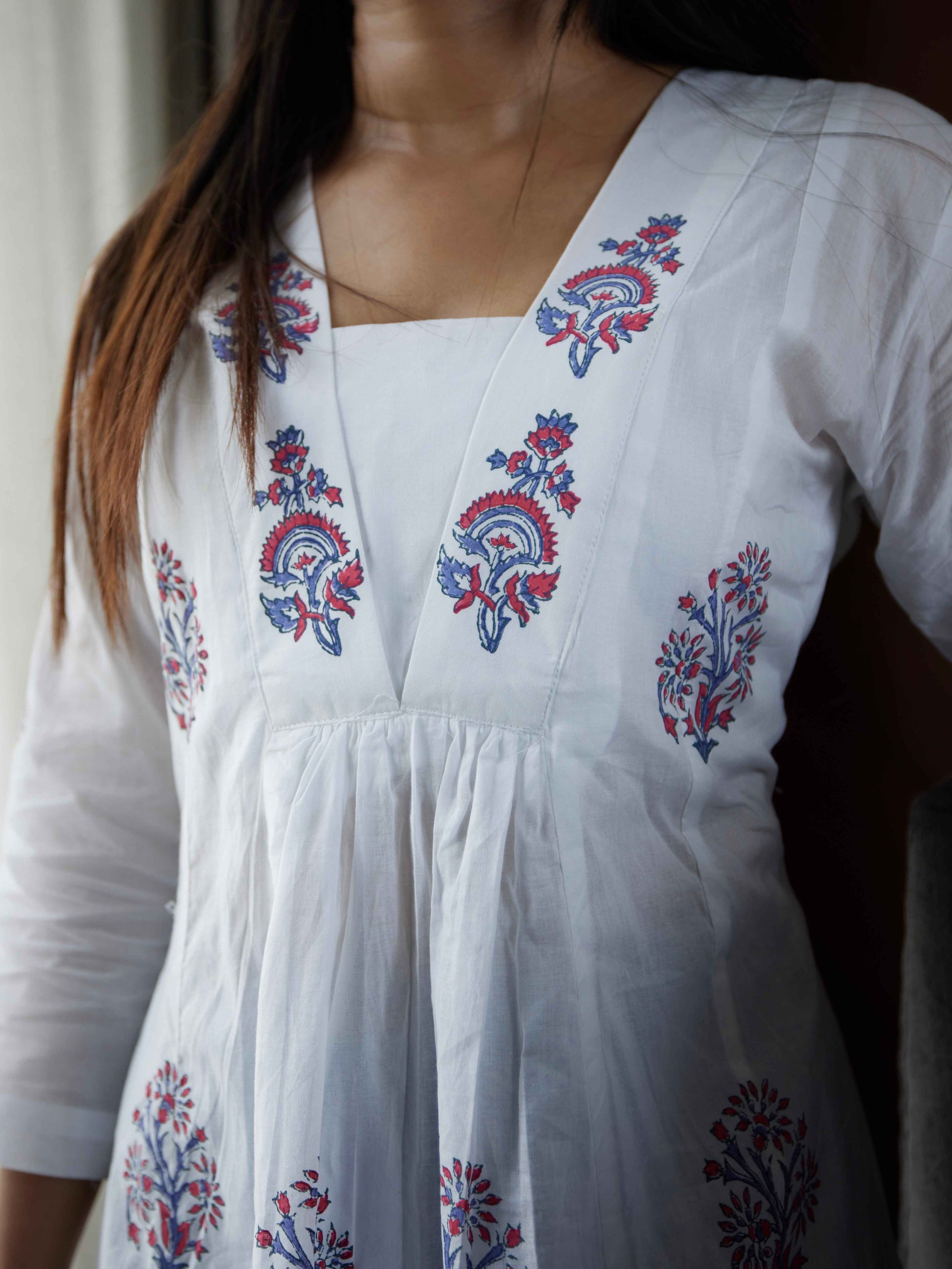 White Hand Block Flared Cotton Short Kurti - Desi Hart