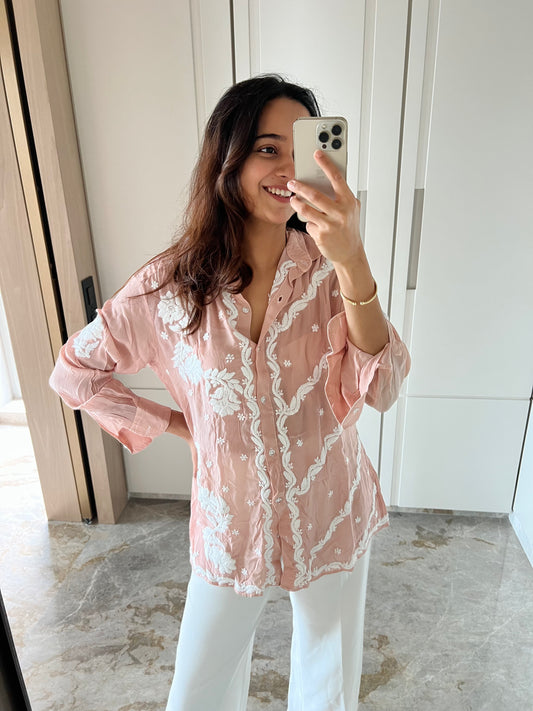 Brown Chikankari Relaxed Muslin Shirt