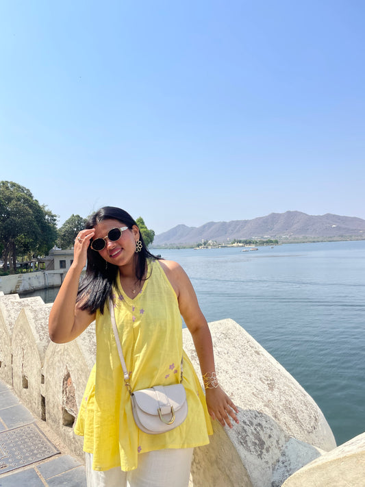 Yellow Hand Block Relaxed Cotton Short Top