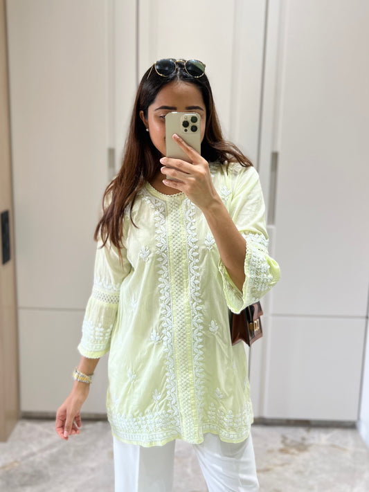 Green Chikankari Straight Cotton Short Kurti