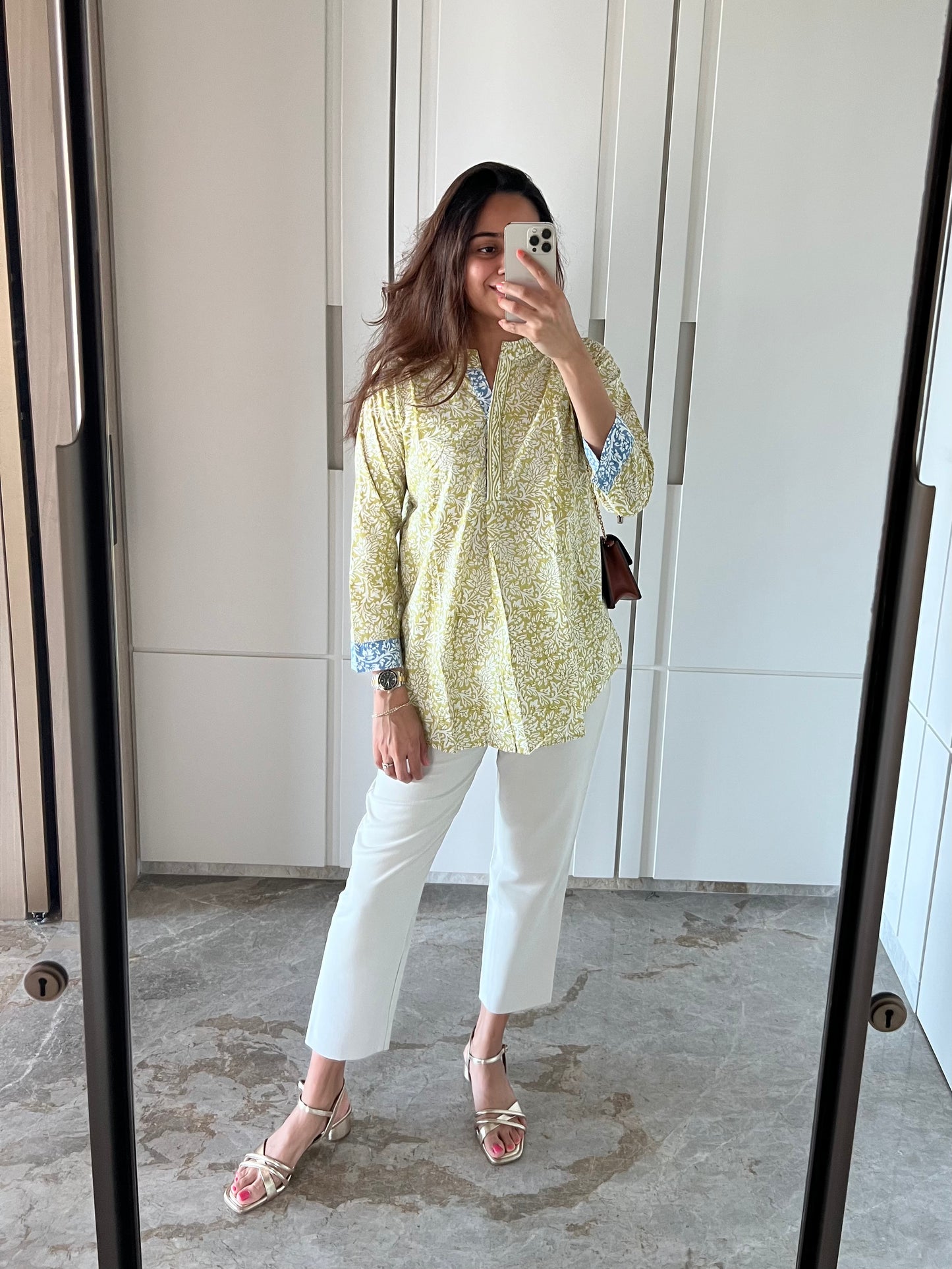 Green Hand Block Relaxed Cotton Short Kurti