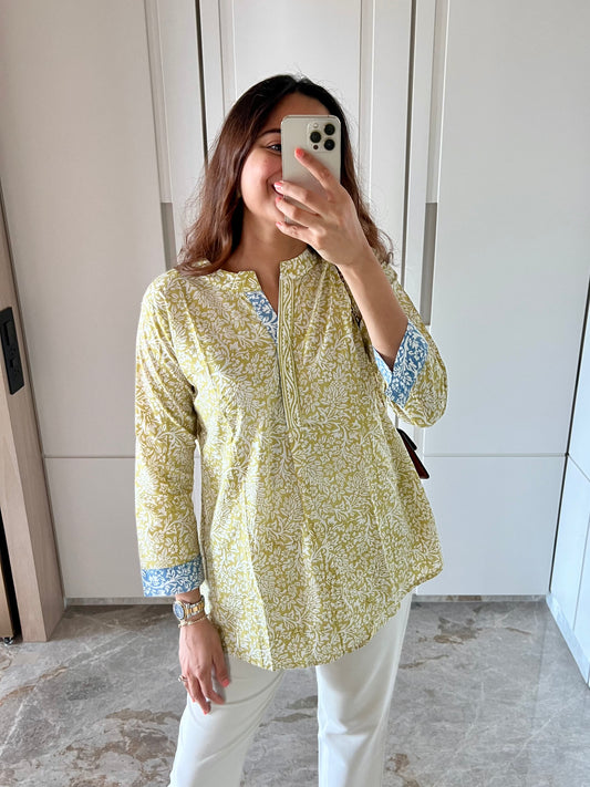 Green Hand Block Relaxed Cotton Short Kurti