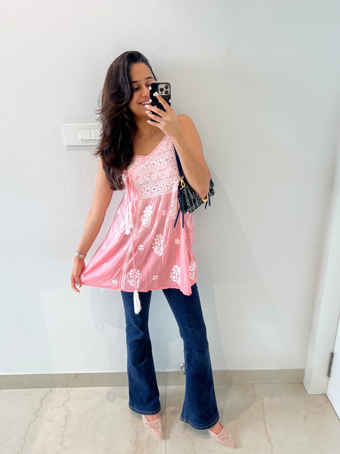 Pink Chikankari Relaxed Mul Short Top - Desi Hart