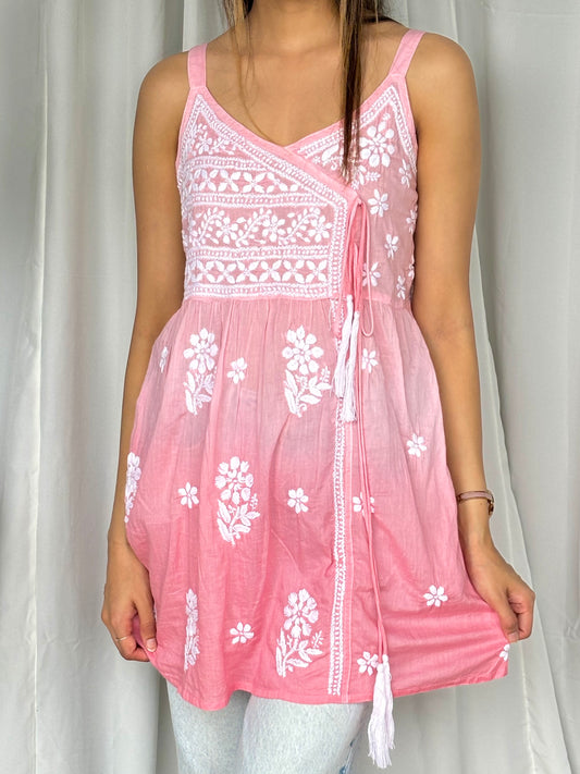 Pink Chikankari Relaxed Mul Short Top - Desi Hart