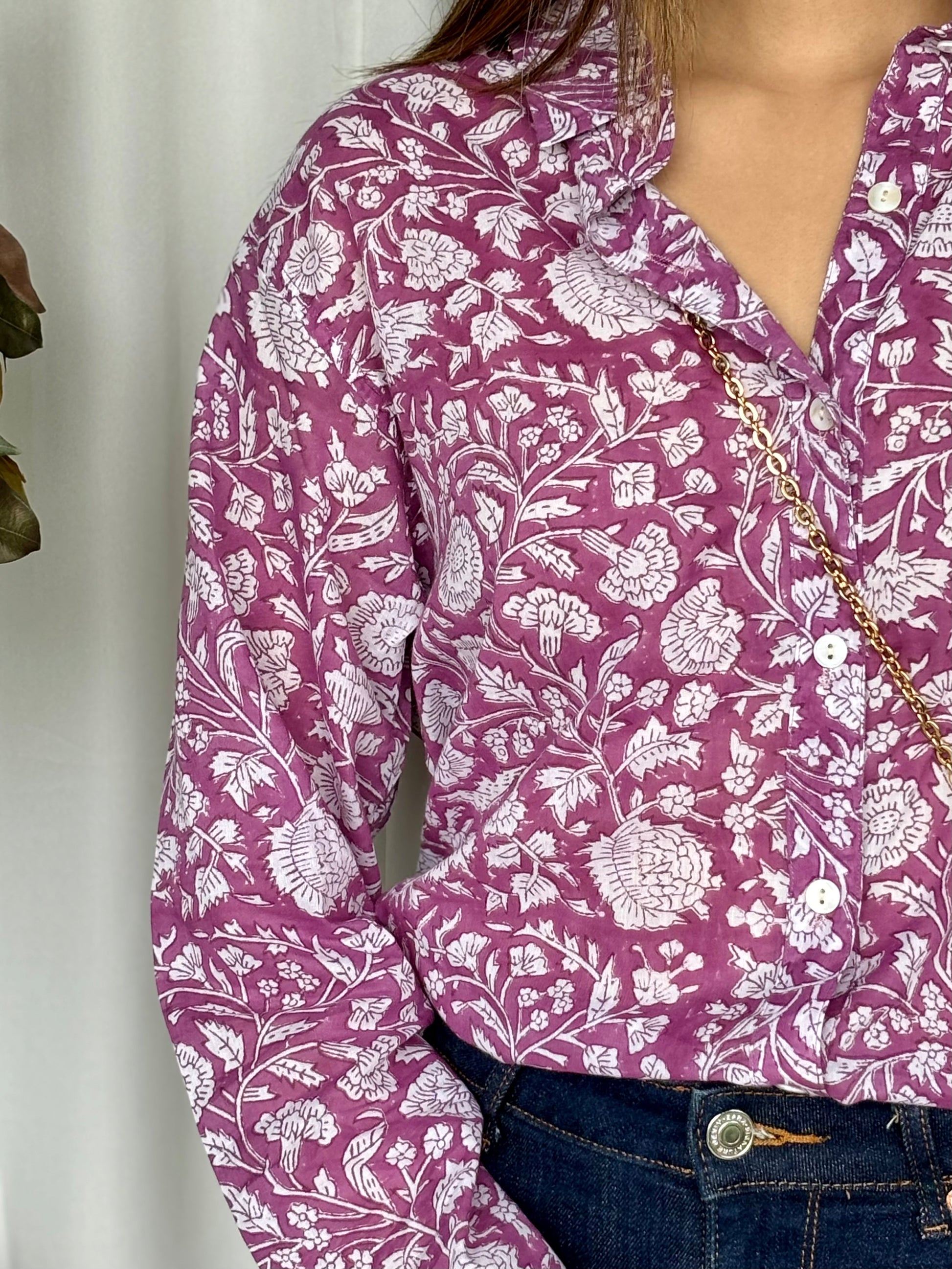 Purple Hand Block Relaxed Mul Shirt - Desi Hart
