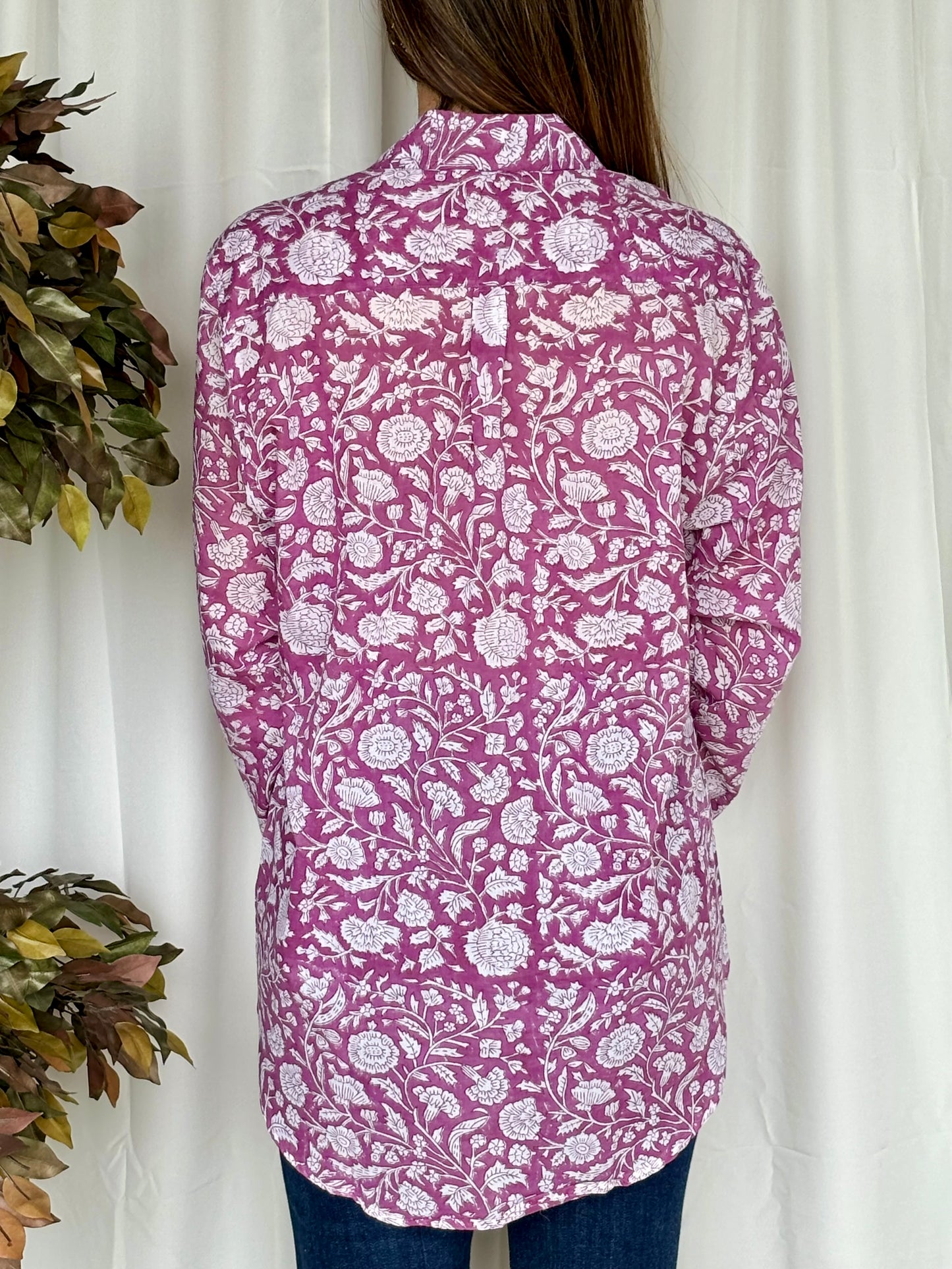 Purple Hand Block Relaxed Mul Shirt - Desi Hart