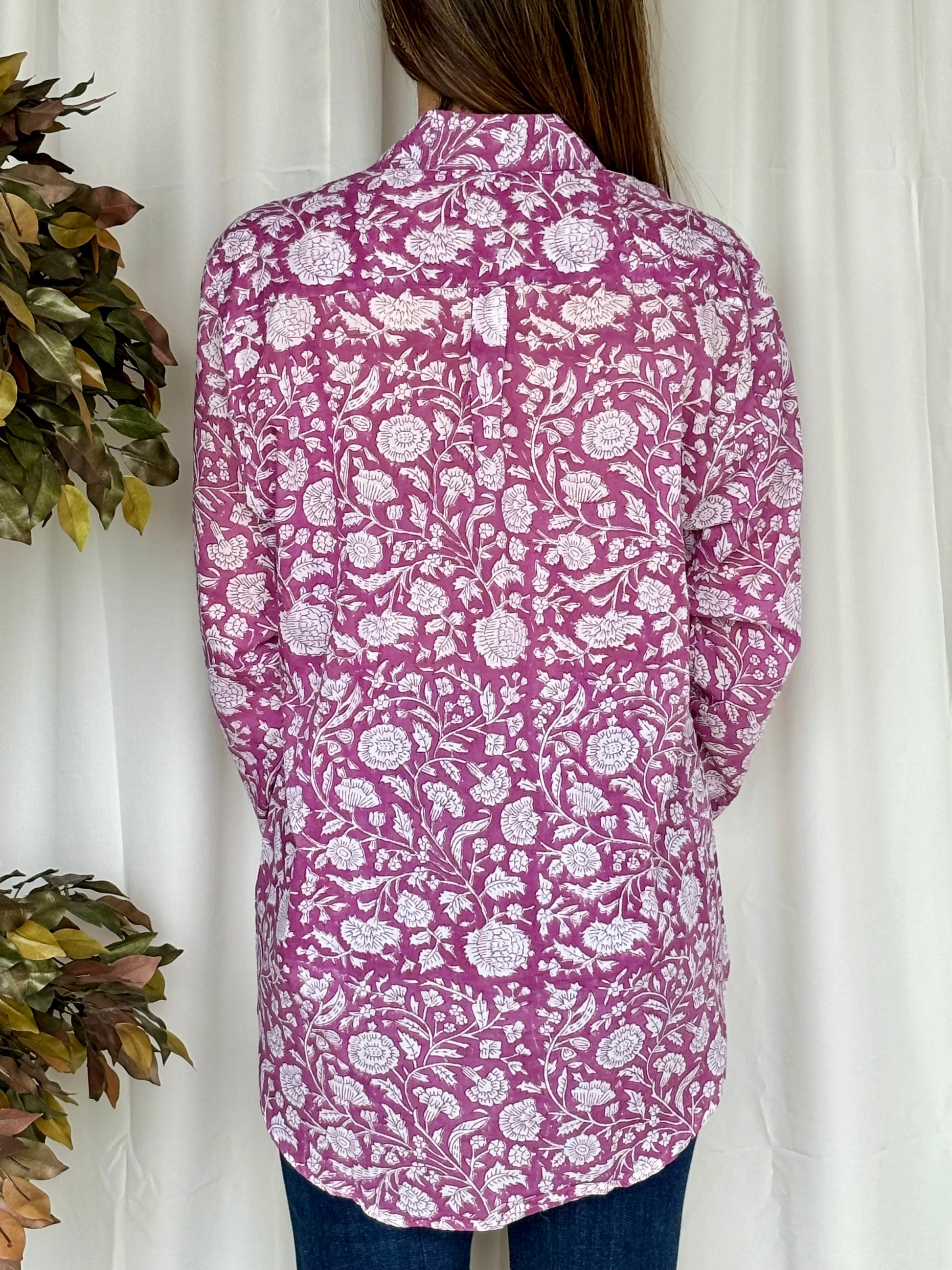 Purple Hand Block Relaxed Mul Shirt - Desi Hart