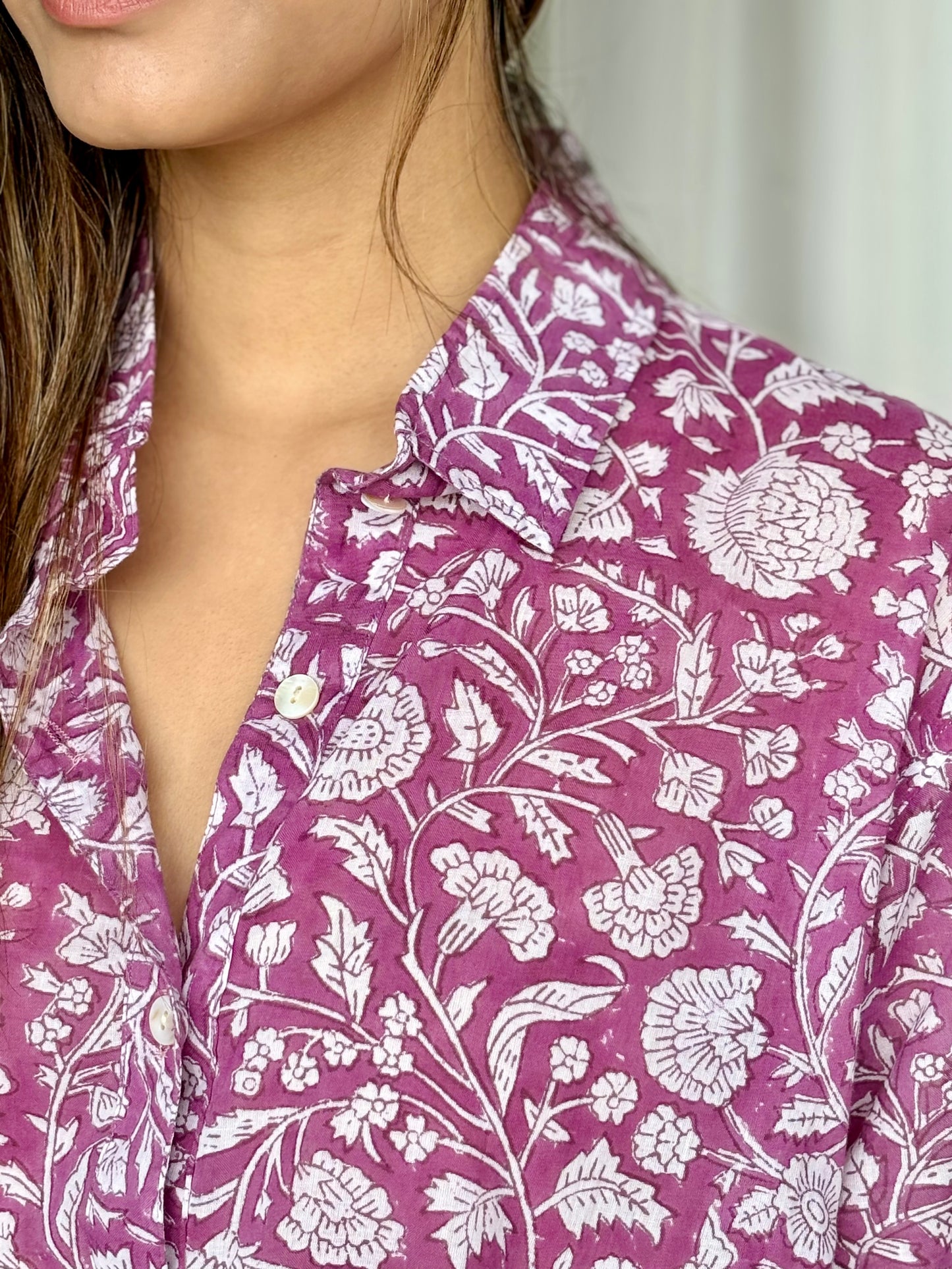 Purple Hand Block Relaxed Mul Shirt - Desi Hart
