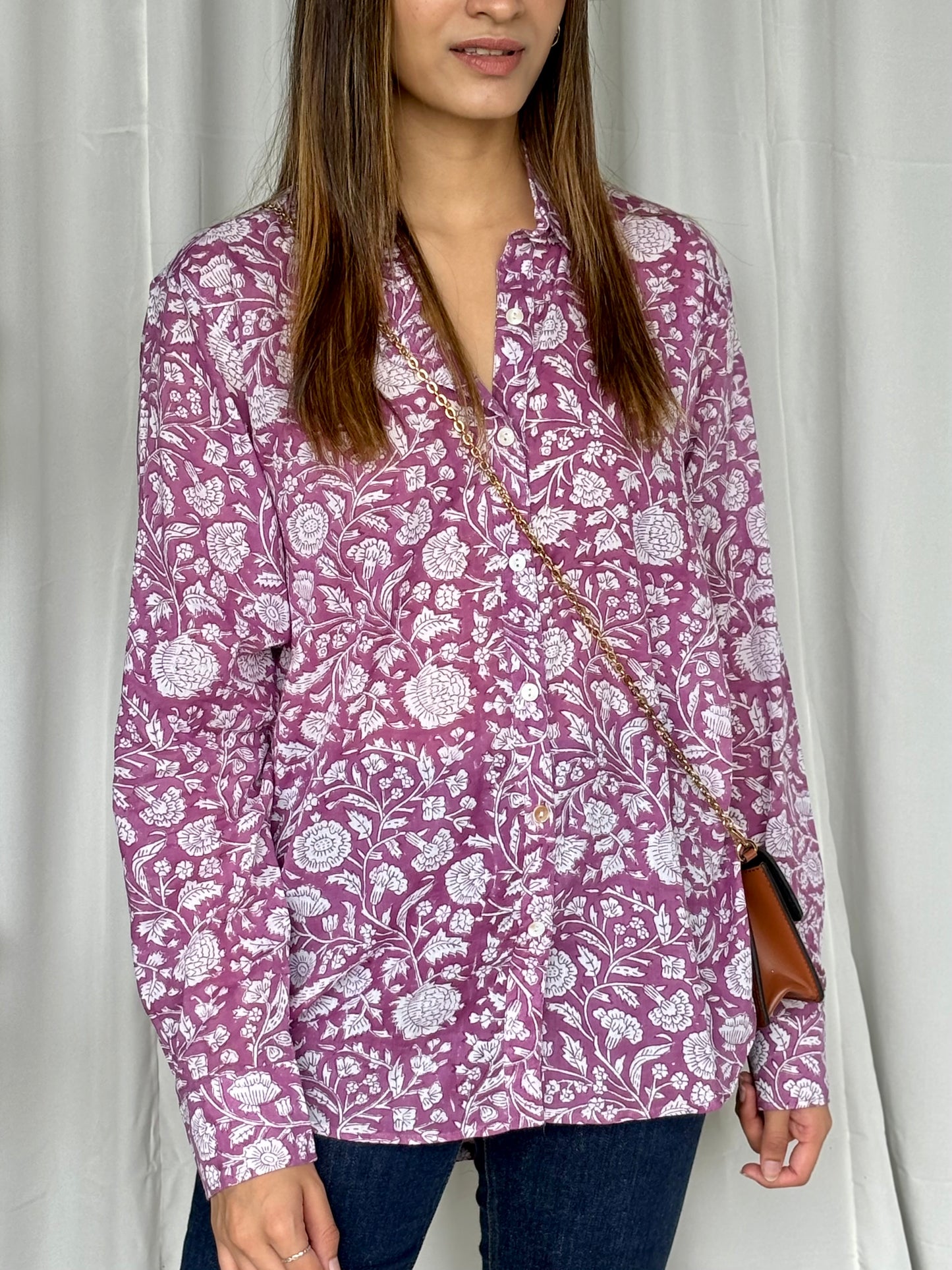 Purple Hand Block Relaxed Mul Shirt - Desi Hart