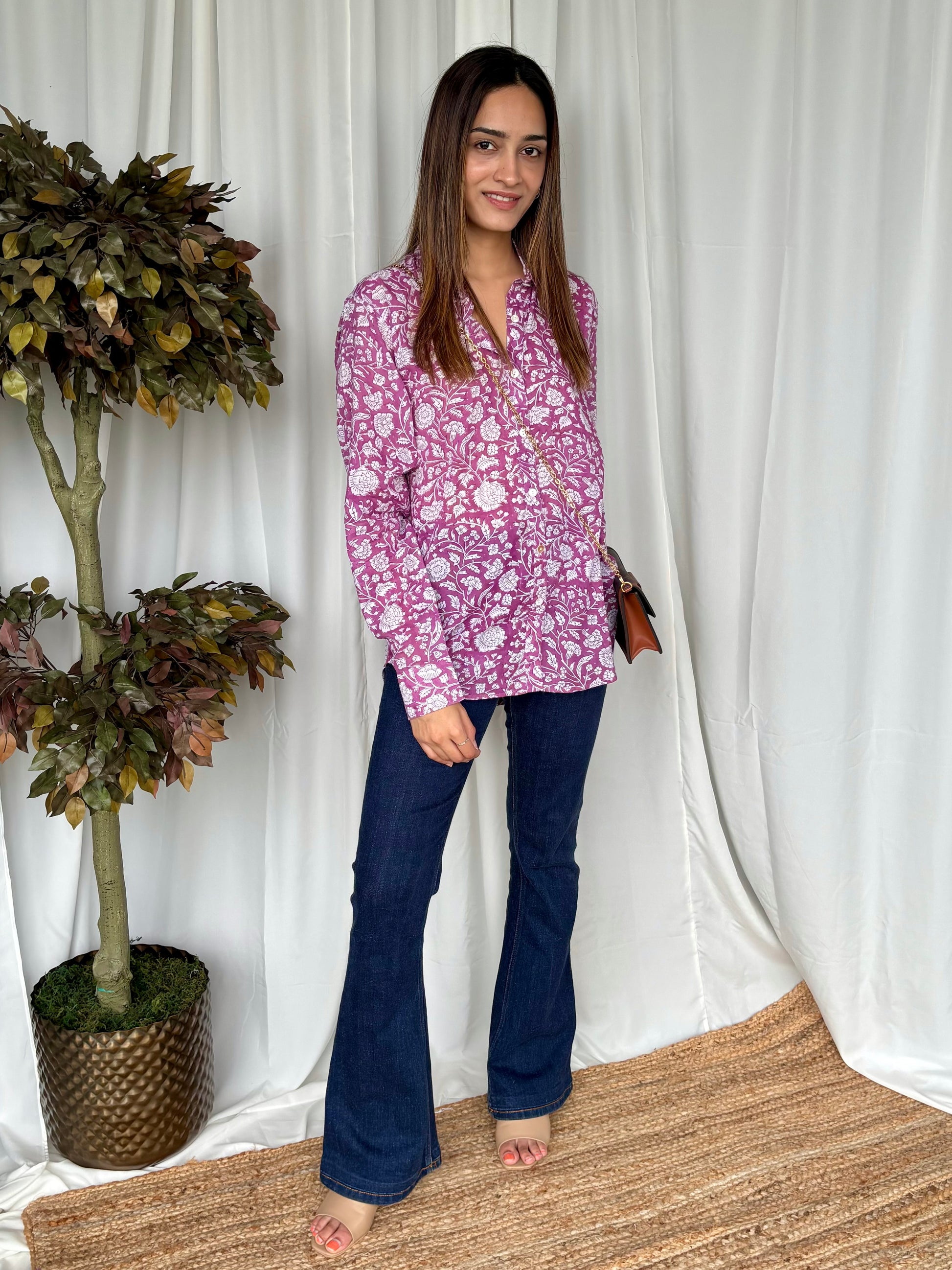 Purple Hand Block Relaxed Mul Shirt - Desi Hart