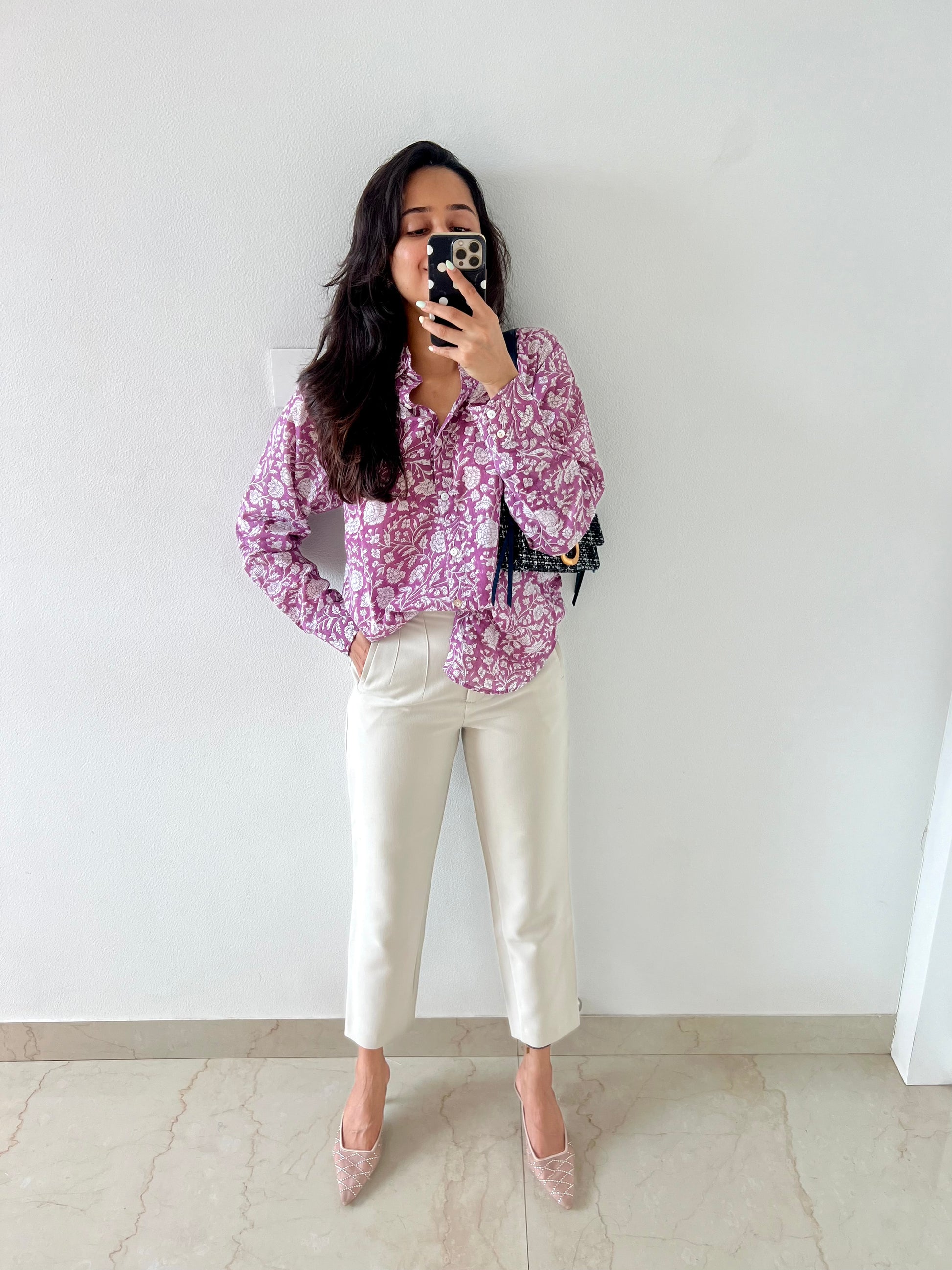 Purple Hand Block Relaxed Mul Shirt - Desi Hart