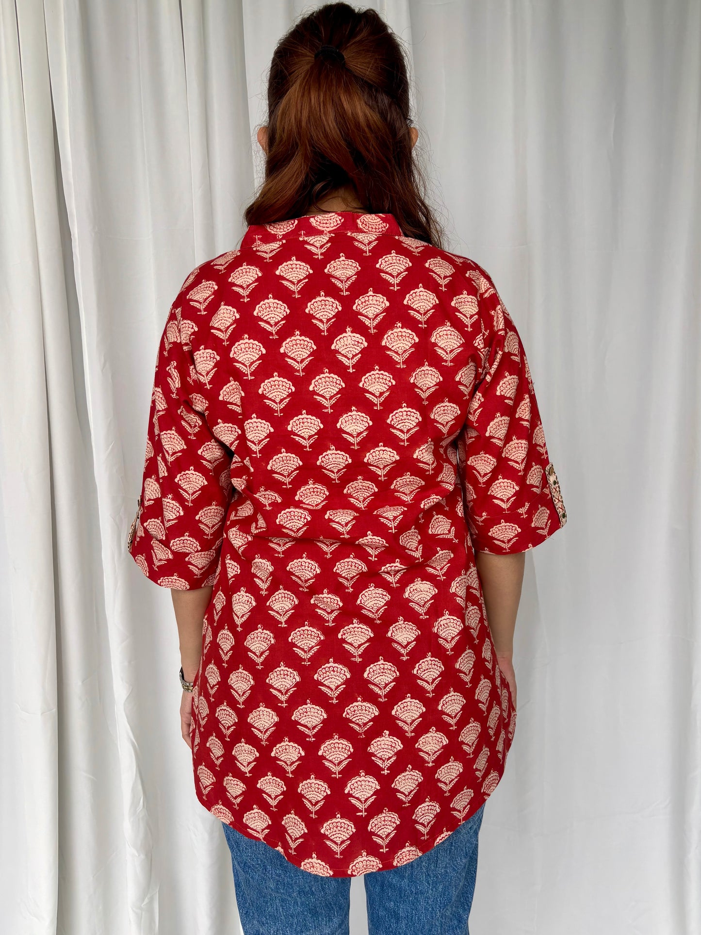 Red Hand Block Relaxed Cotton Short Kurti - Desi Hart