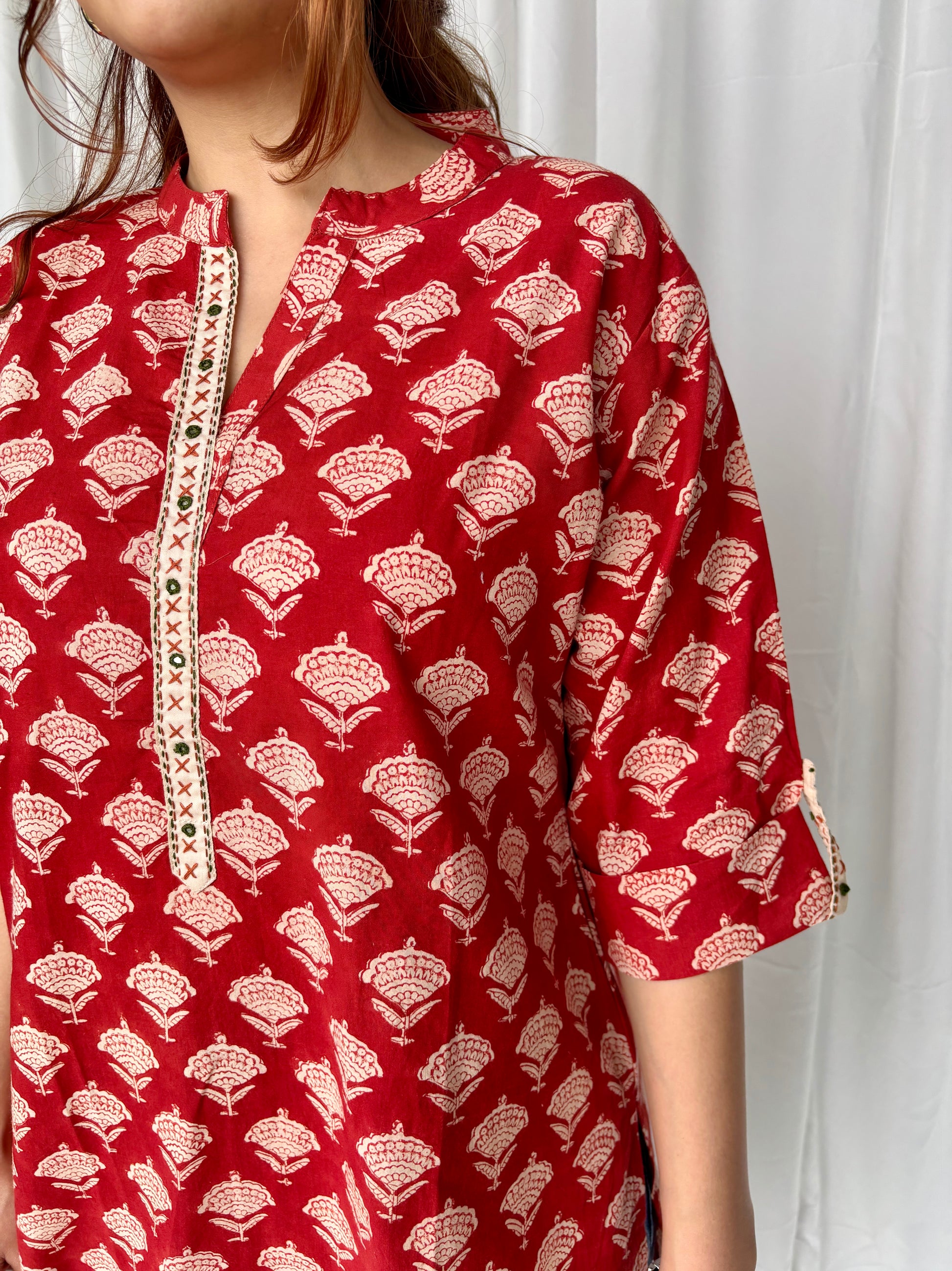 Red Hand Block Relaxed Cotton Short Kurti - Desi Hart