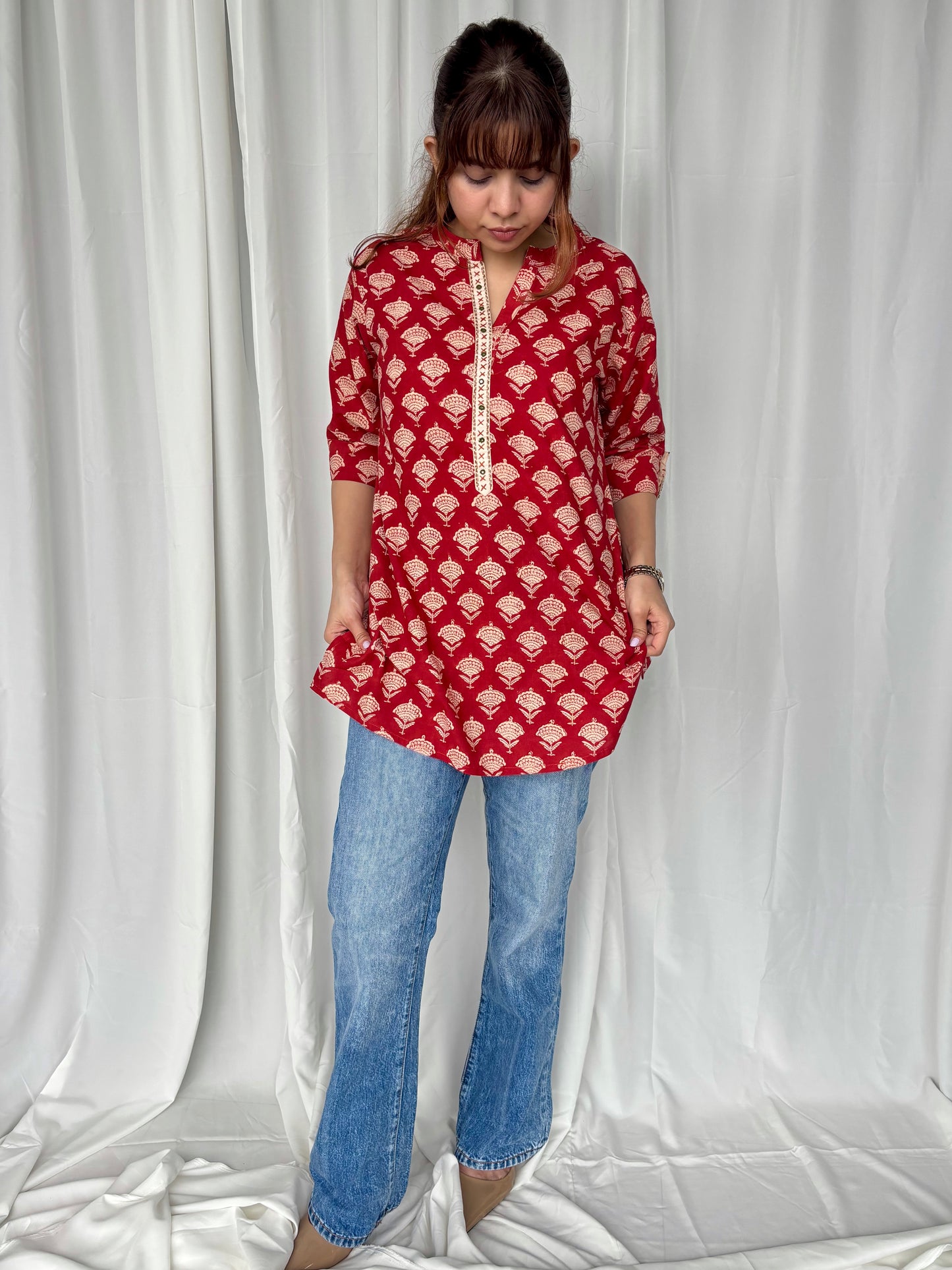 Red Hand Block Relaxed Cotton Short Kurti - Desi Hart