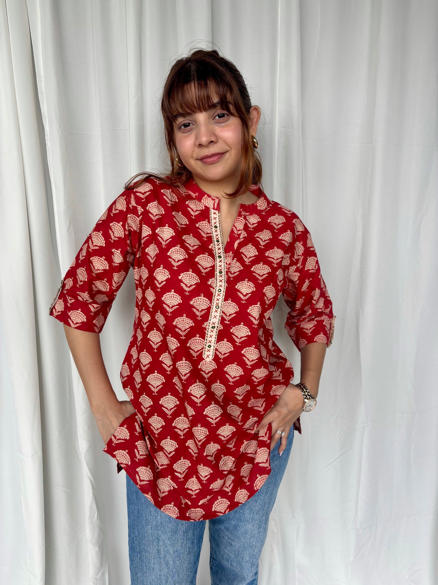 Red Hand Block Relaxed Cotton Short Kurti - Desi Hart