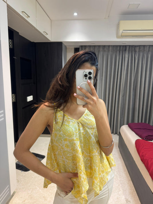 Yellow Hand Block Spaghetti Mul Short Top
